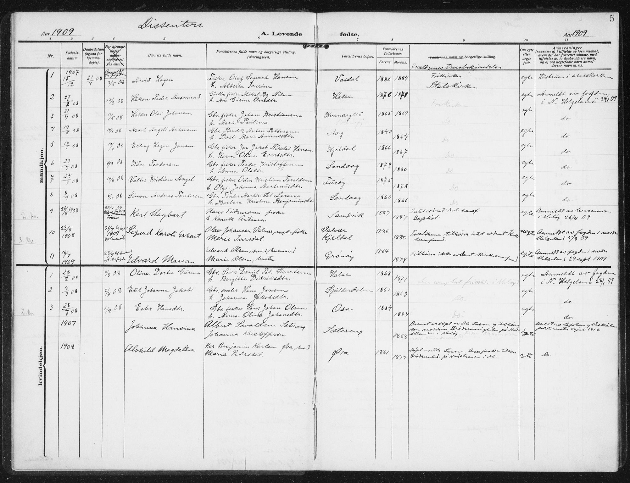 Ministerialprotokoller, klokkerbøker og fødselsregistre - Nordland, SAT/A-1459/843/L0629: Parish register (official) no. 843A04, 1907-1925, p. 5