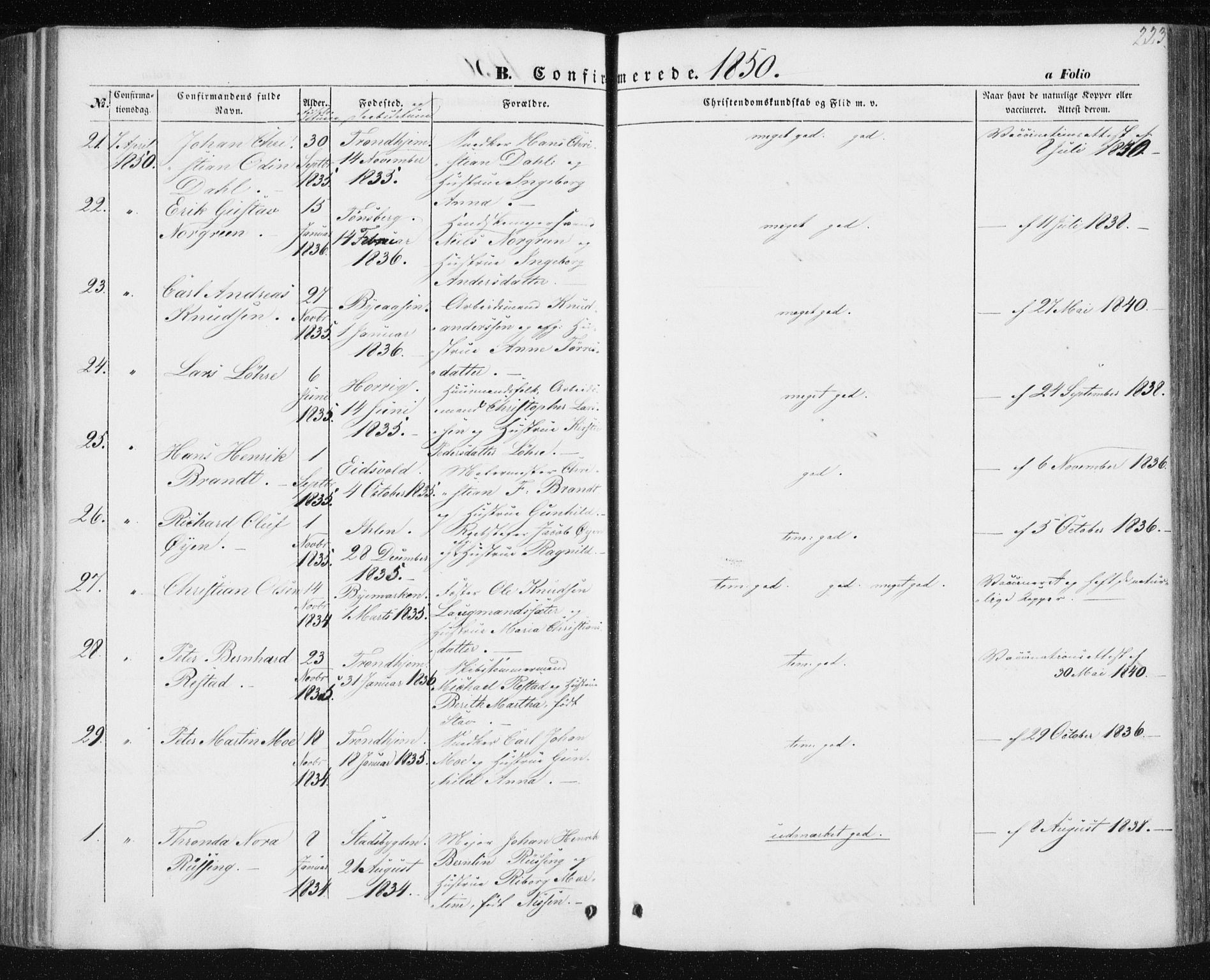 Ministerialprotokoller, klokkerbøker og fødselsregistre - Sør-Trøndelag, AV/SAT-A-1456/602/L0112: Parish register (official) no. 602A10, 1848-1859, p. 223