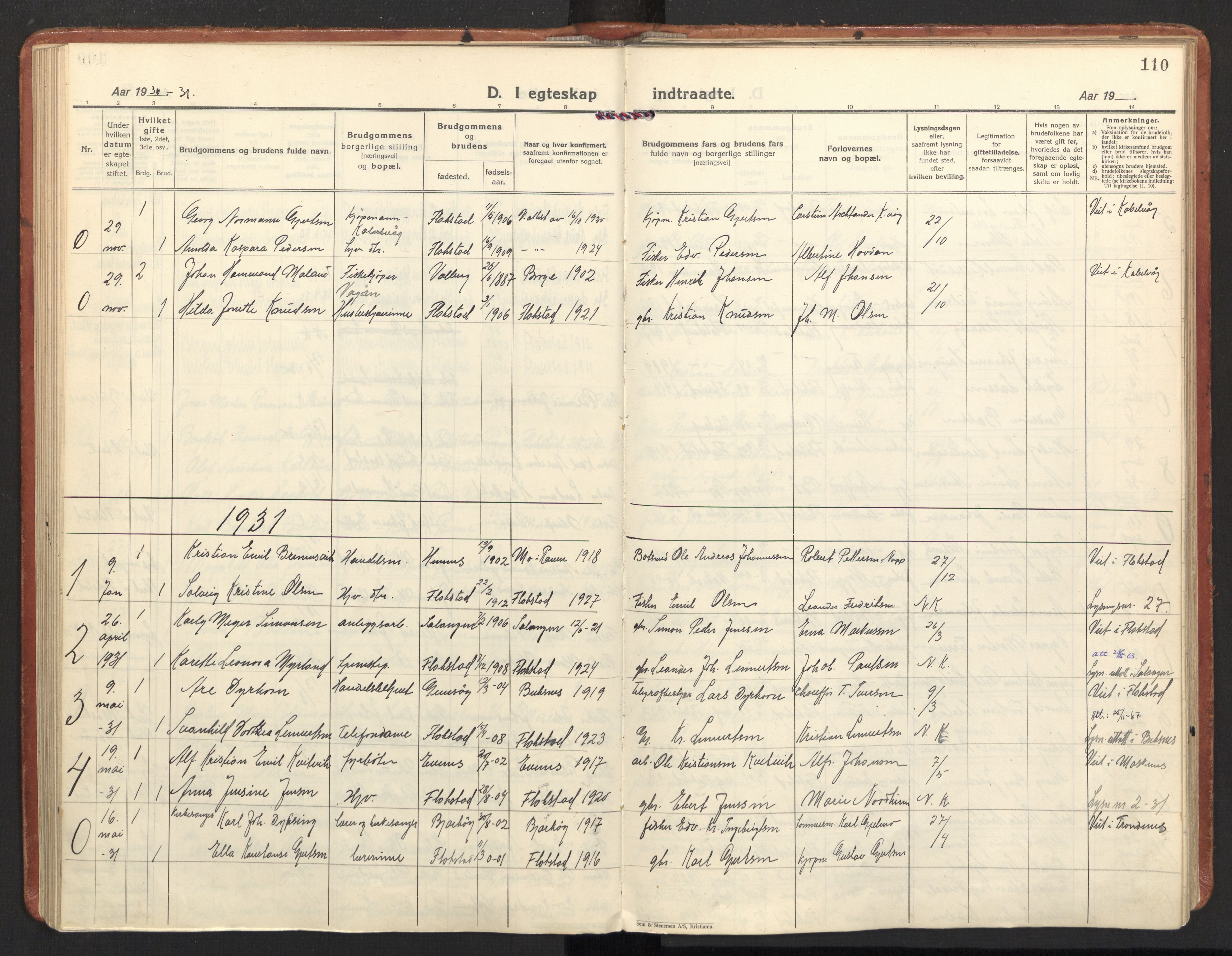 Ministerialprotokoller, klokkerbøker og fødselsregistre - Nordland, AV/SAT-A-1459/885/L1211: Parish register (official) no. 885A11, 1927-1938, p. 110