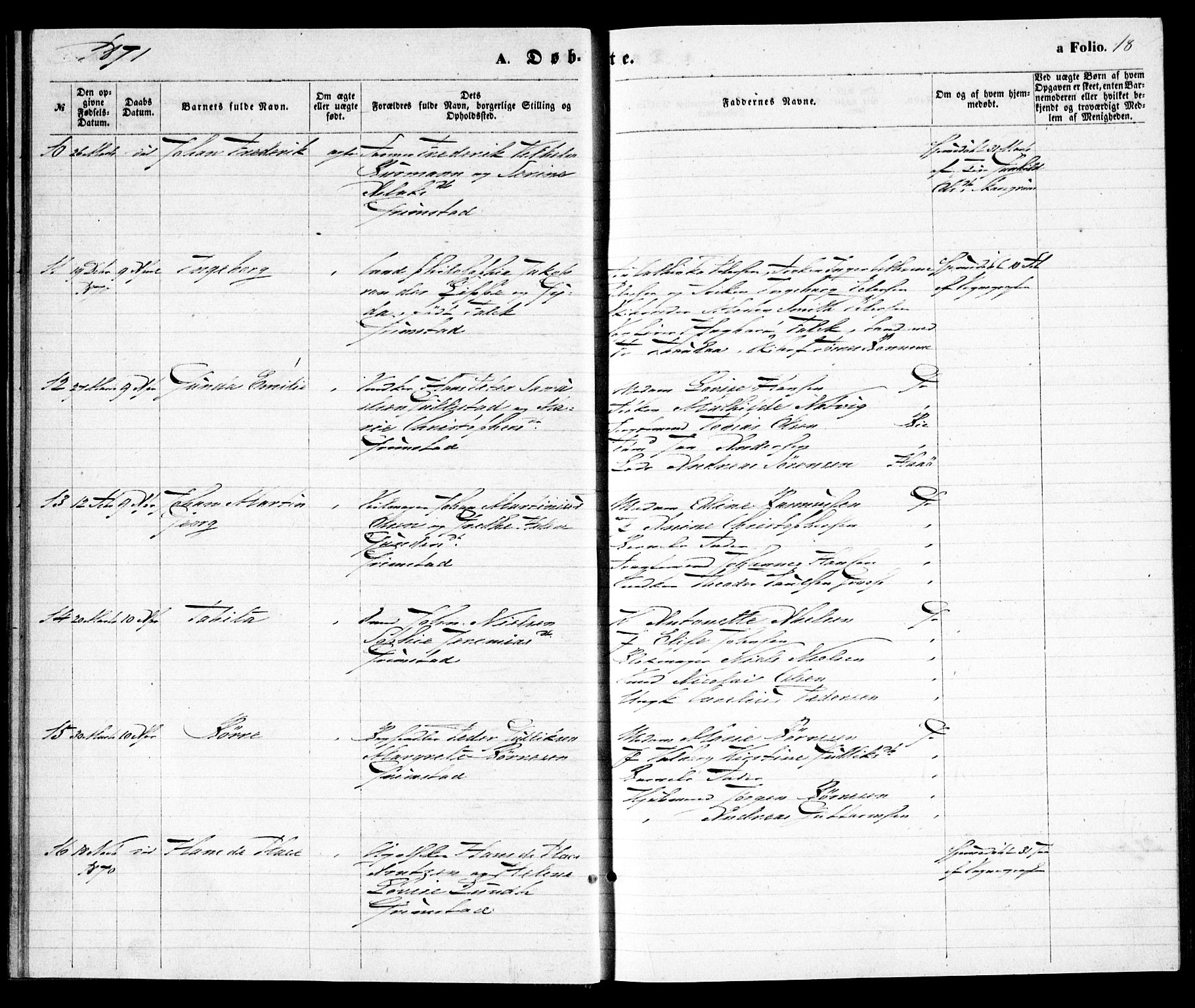 Grimstad sokneprestkontor, SAK/1111-0017/F/Fa/L0002: Parish register (official) no. A 1, 1869-1881, p. 18