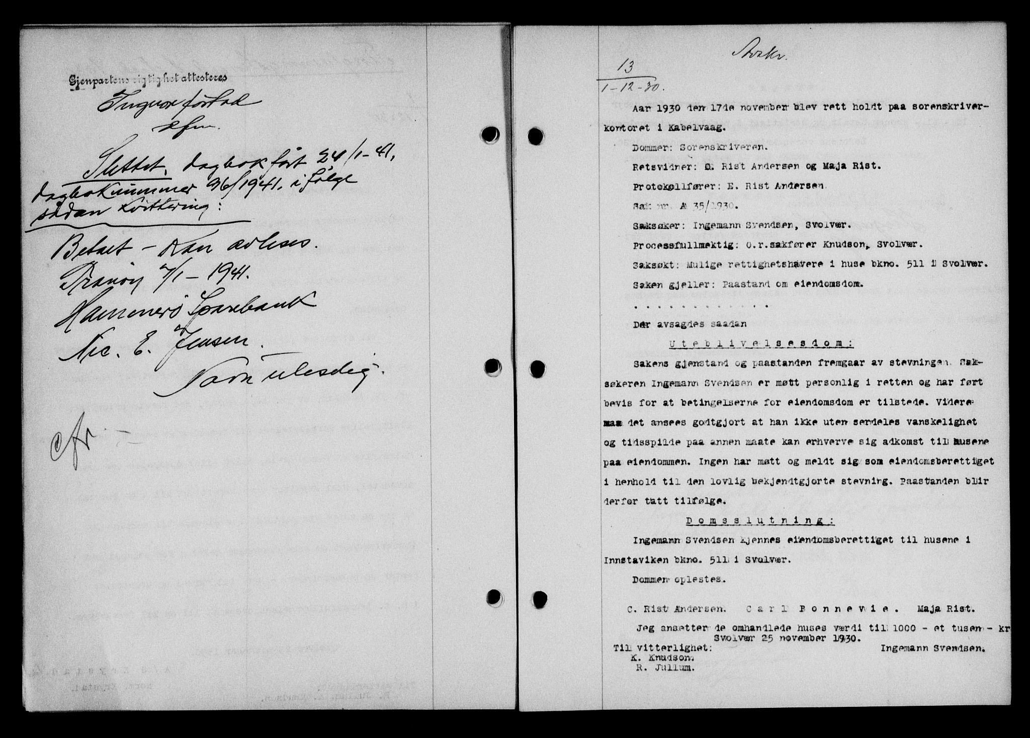 Lofoten sorenskriveri, SAT/A-0017/1/2/2C/L0022b: Mortgage book no. 22b, 1930-1930, Deed date: 01.12.1930