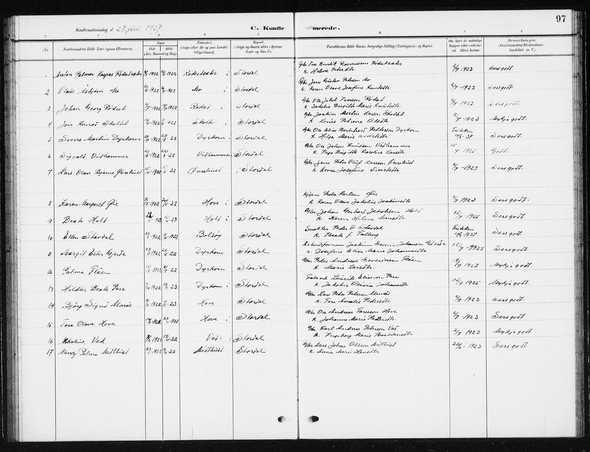 Ministerialprotokoller, klokkerbøker og fødselsregistre - Møre og Romsdal, SAT/A-1454/521/L0303: Parish register (copy) no. 521C04, 1908-1943, p. 97