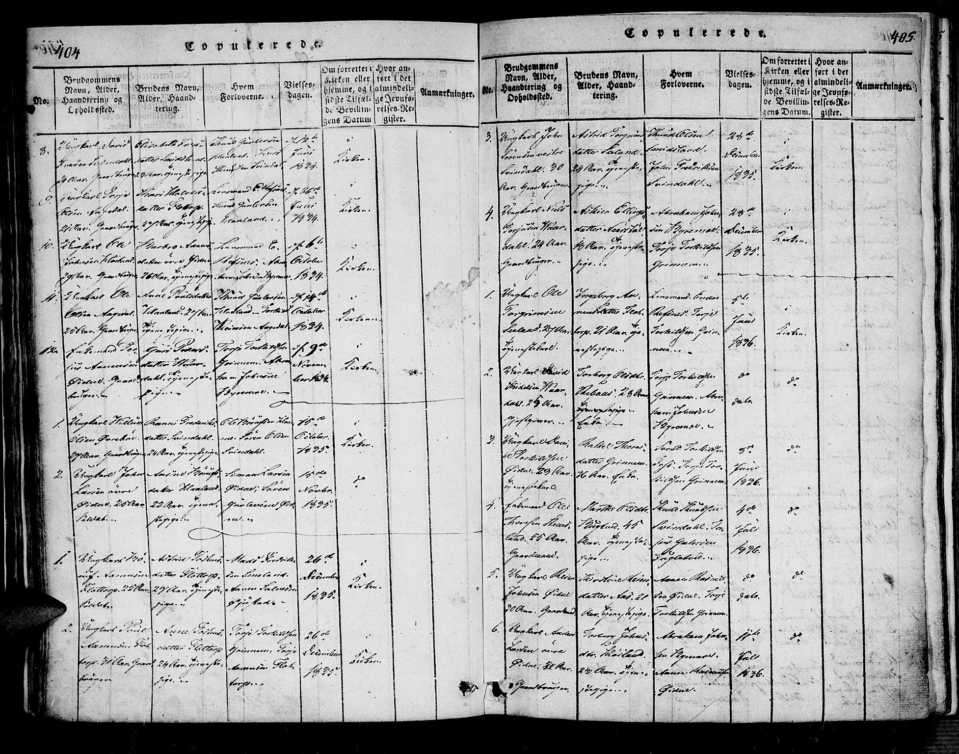 Bjelland sokneprestkontor, SAK/1111-0005/F/Fa/Fac/L0001: Parish register (official) no. A 1, 1815-1866, p. 404-405