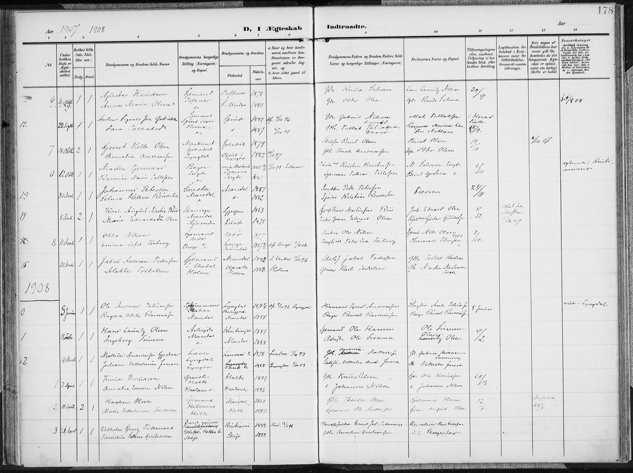 Mandal sokneprestkontor, SAK/1111-0030/F/Fa/Faa/L0020: Parish register (official) no. A 20, 1906-1912, p. 178