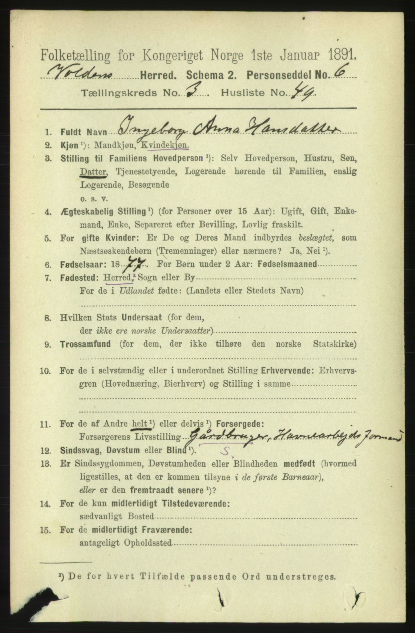 RA, 1891 census for 1519 Volda, 1891, p. 1923