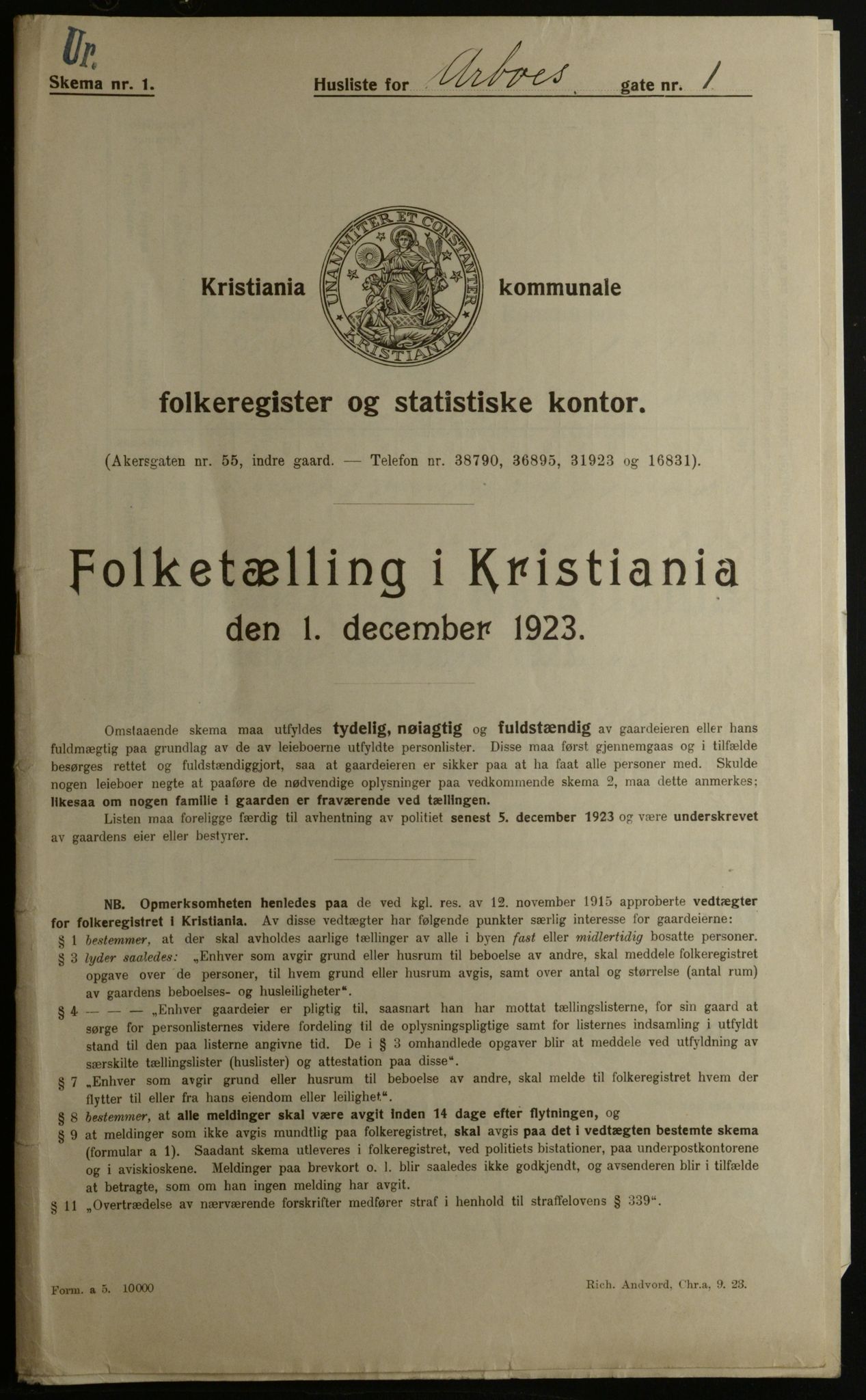 OBA, Municipal Census 1923 for Kristiania, 1923, p. 1933