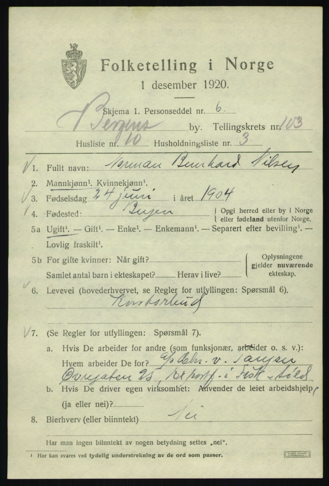 SAB, 1920 census for Bergen, 1920, p. 179780