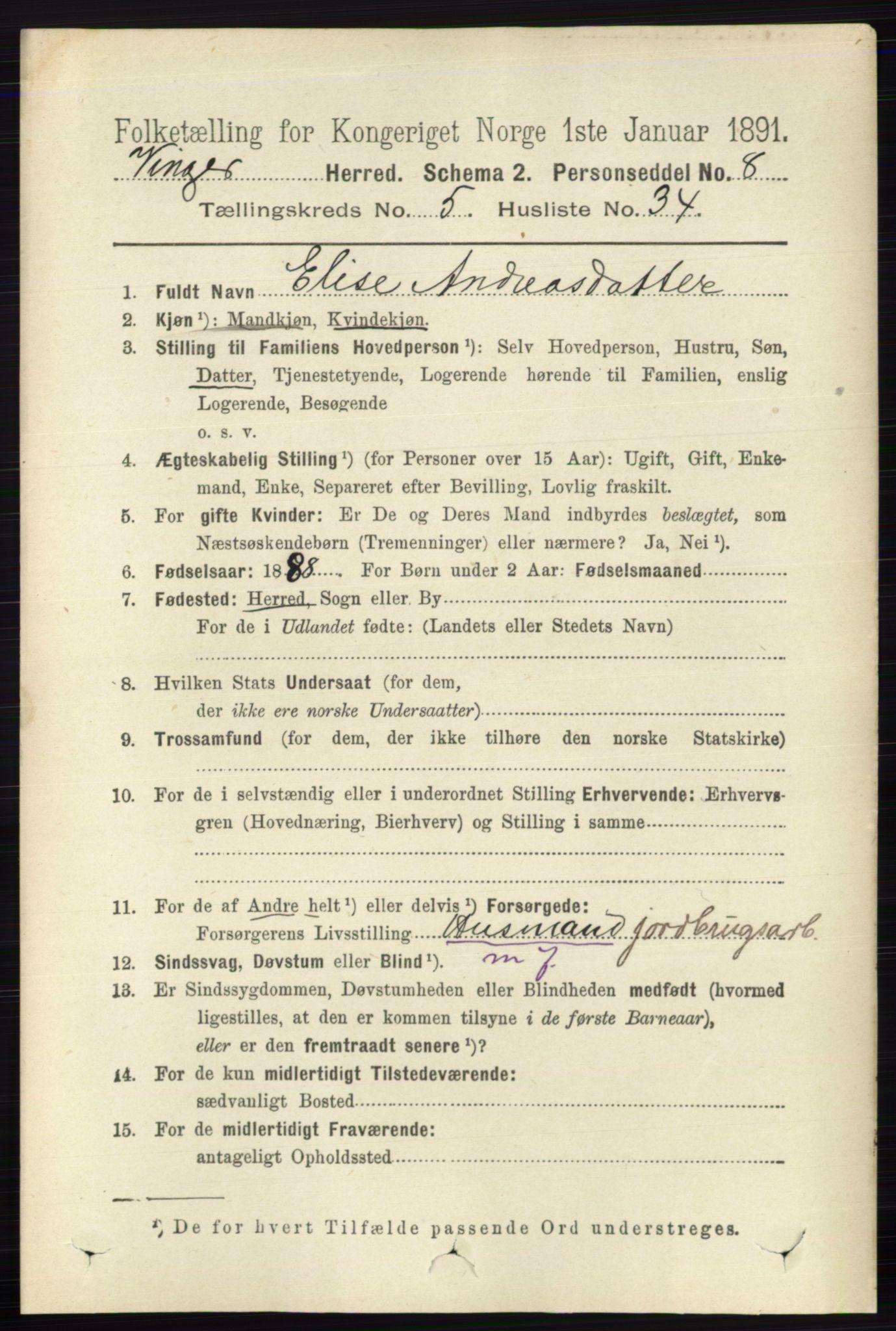 RA, 1891 census for 0421 Vinger, 1891, p. 2242