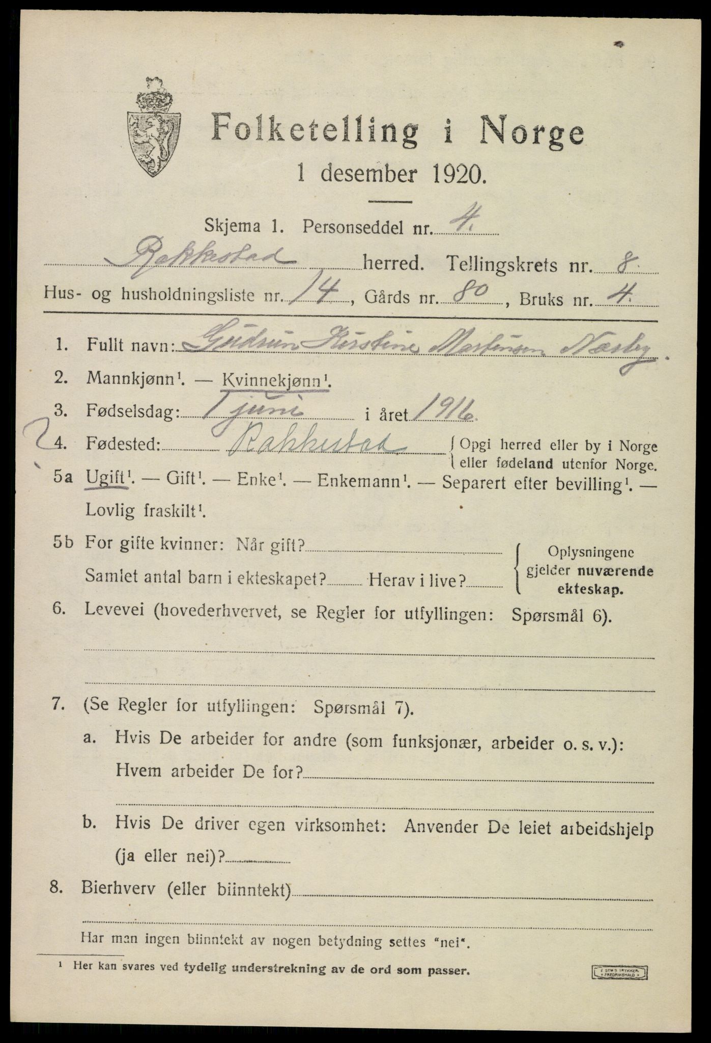 SAO, 1920 census for Rakkestad, 1920, p. 7397