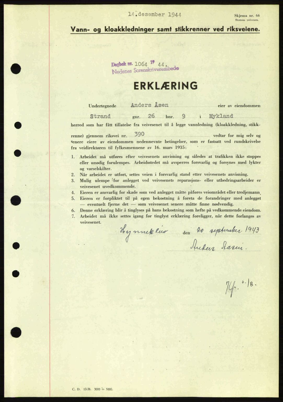 Nedenes sorenskriveri, SAK/1221-0006/G/Gb/Gba/L0052: Mortgage book no. A6a, 1944-1945, Diary no: : 1064/1944