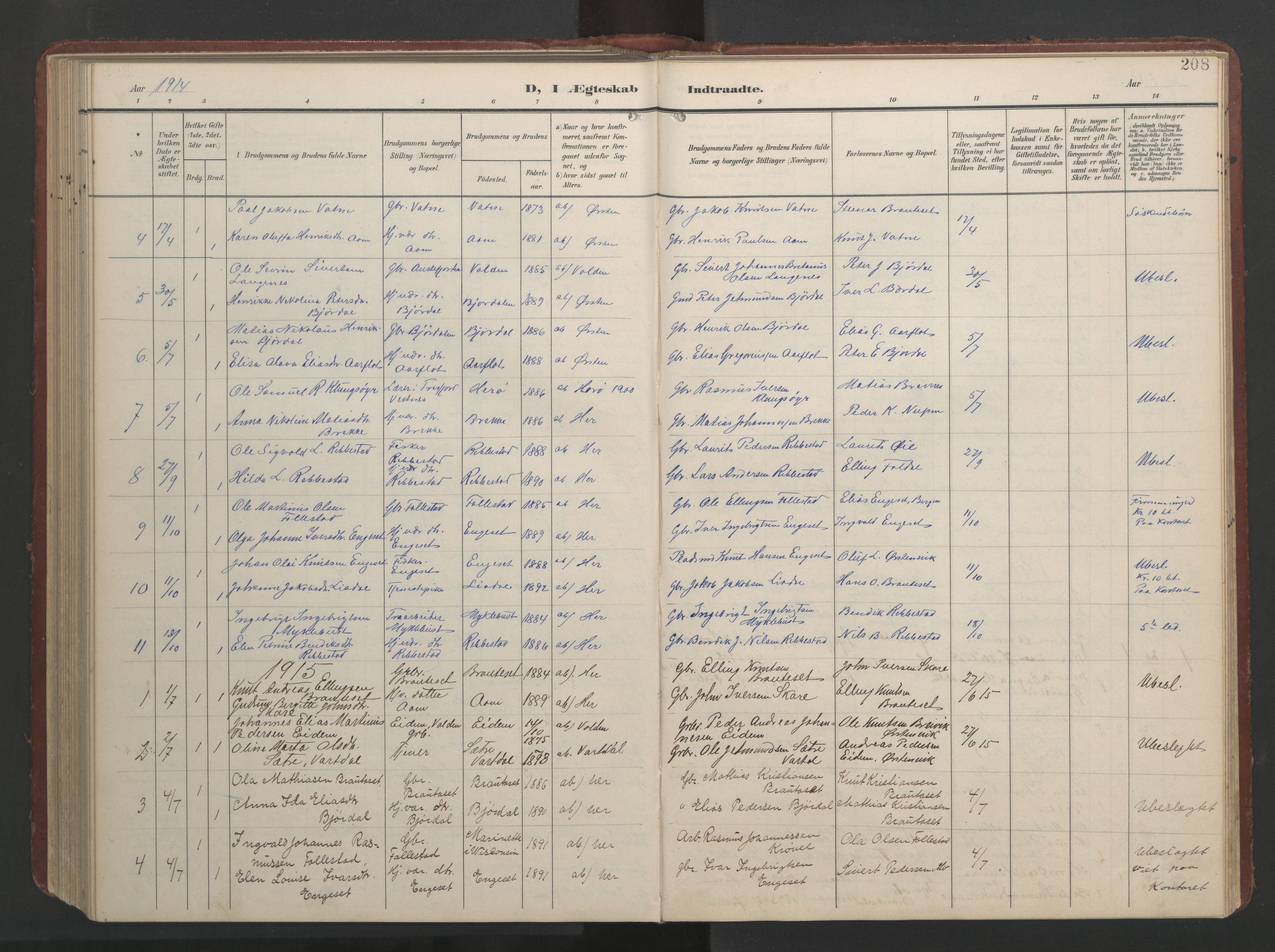 Ministerialprotokoller, klokkerbøker og fødselsregistre - Møre og Romsdal, AV/SAT-A-1454/513/L0190: Parish register (copy) no. 513C04, 1904-1926, p. 208