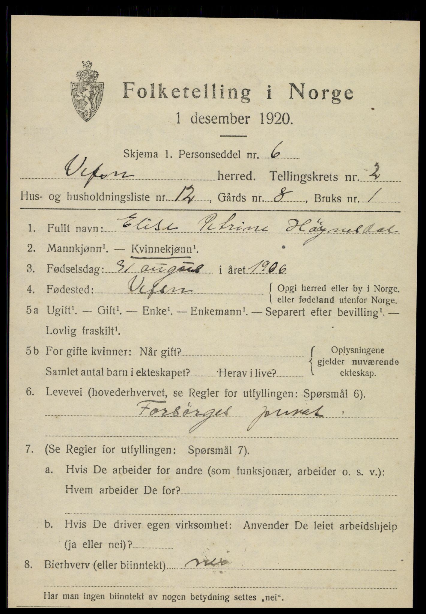 SAT, 1920 census for Vefsn, 1920, p. 2009