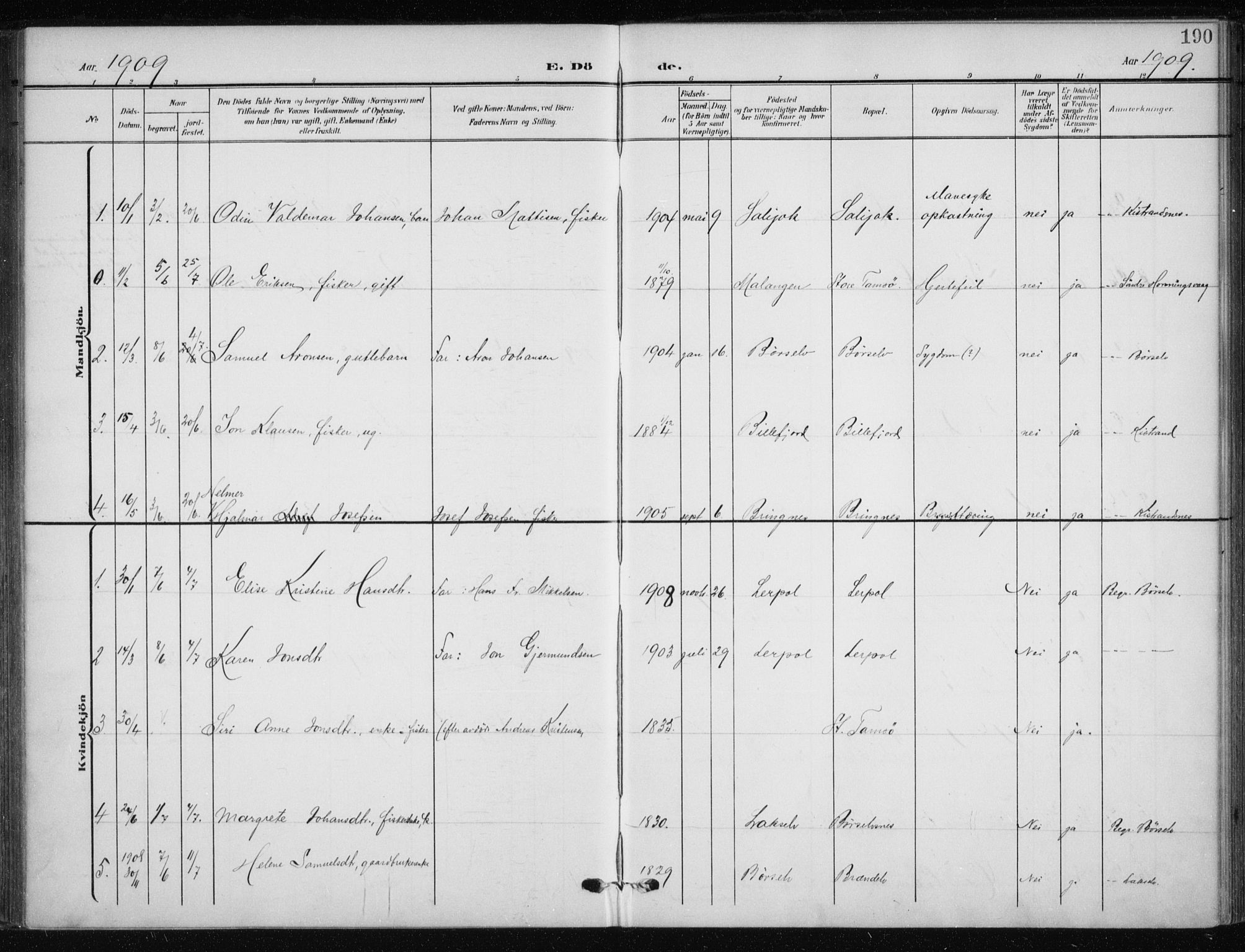 Kistrand/Porsanger sokneprestembete, SATØ/S-1351/H/Ha/L0014.kirke: Parish register (official) no. 14, 1908-1917, p. 190