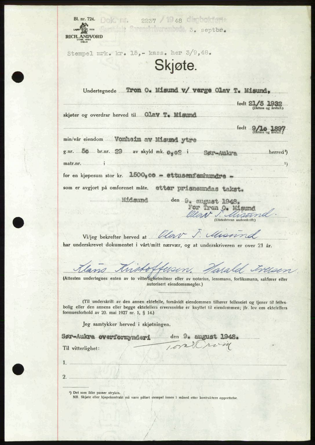 Romsdal sorenskriveri, AV/SAT-A-4149/1/2/2C: Mortgage book no. A27, 1948-1948, Diary no: : 2237/1948