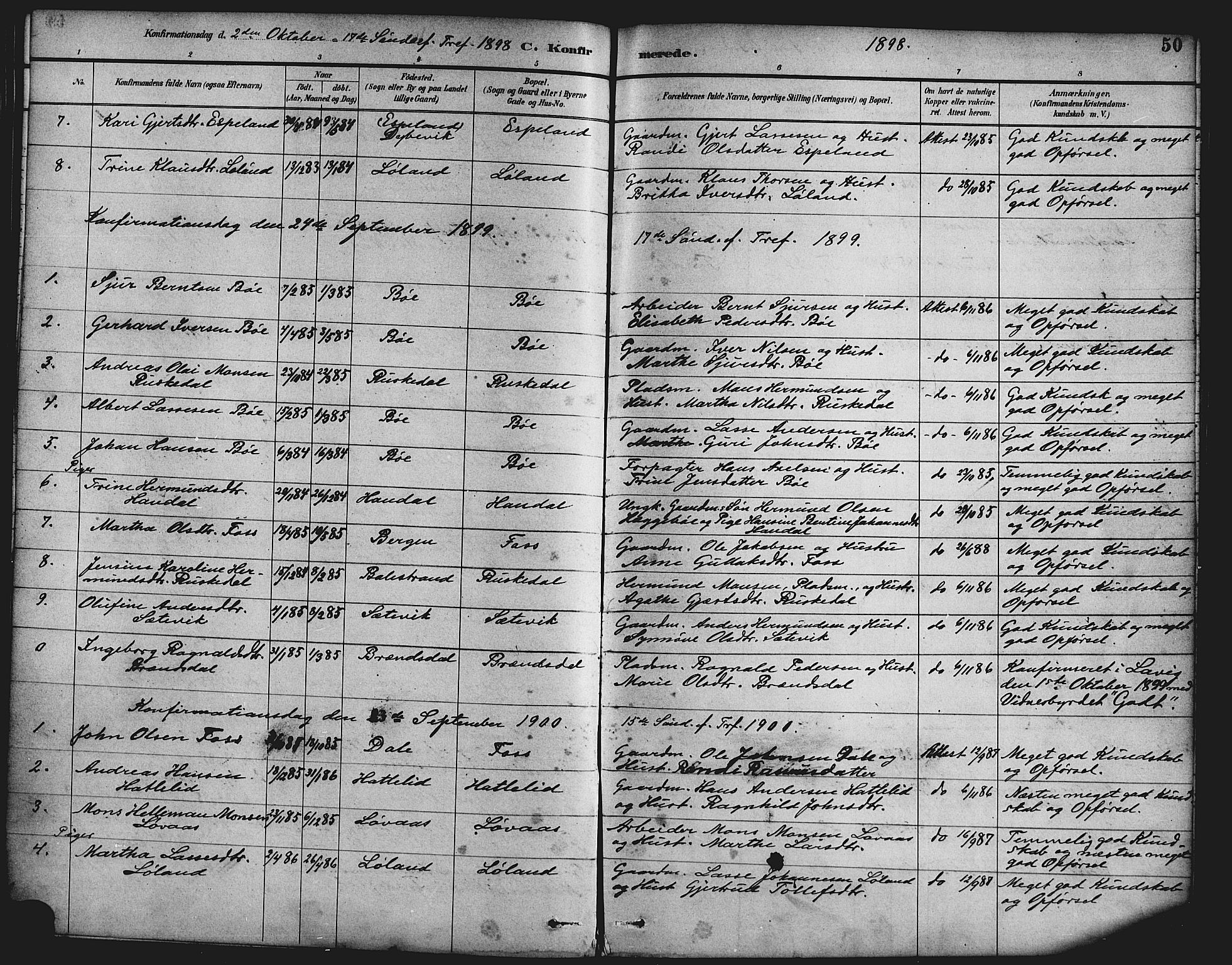Hyllestad sokneprestembete, SAB/A-80401: Parish register (official) no. C 1, 1886-1904, p. 50