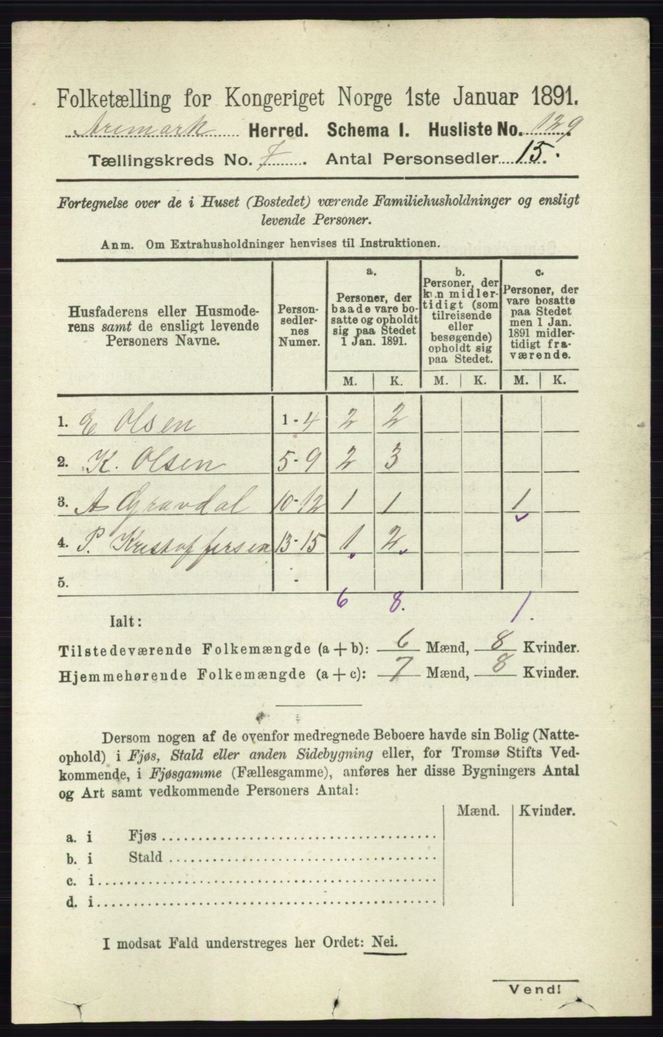 RA, 1891 census for 0118 Aremark, 1891, p. 3891