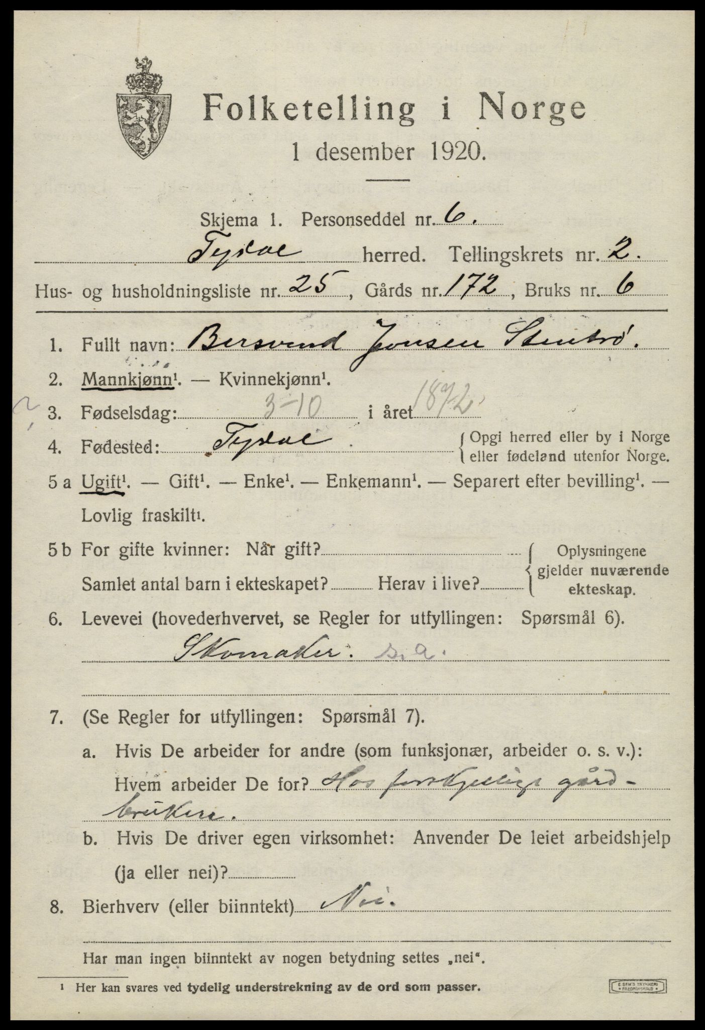 SAT, 1920 census for Tydal, 1920, p. 867