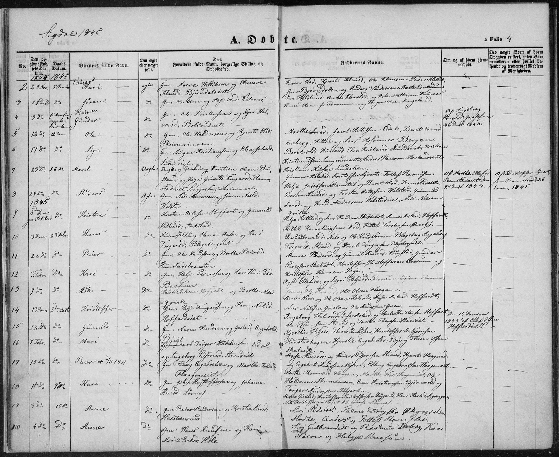 Sigdal kirkebøker, AV/SAKO-A-245/F/Fa/L0007: Parish register (official) no. I 7, 1844-1849, p. 4