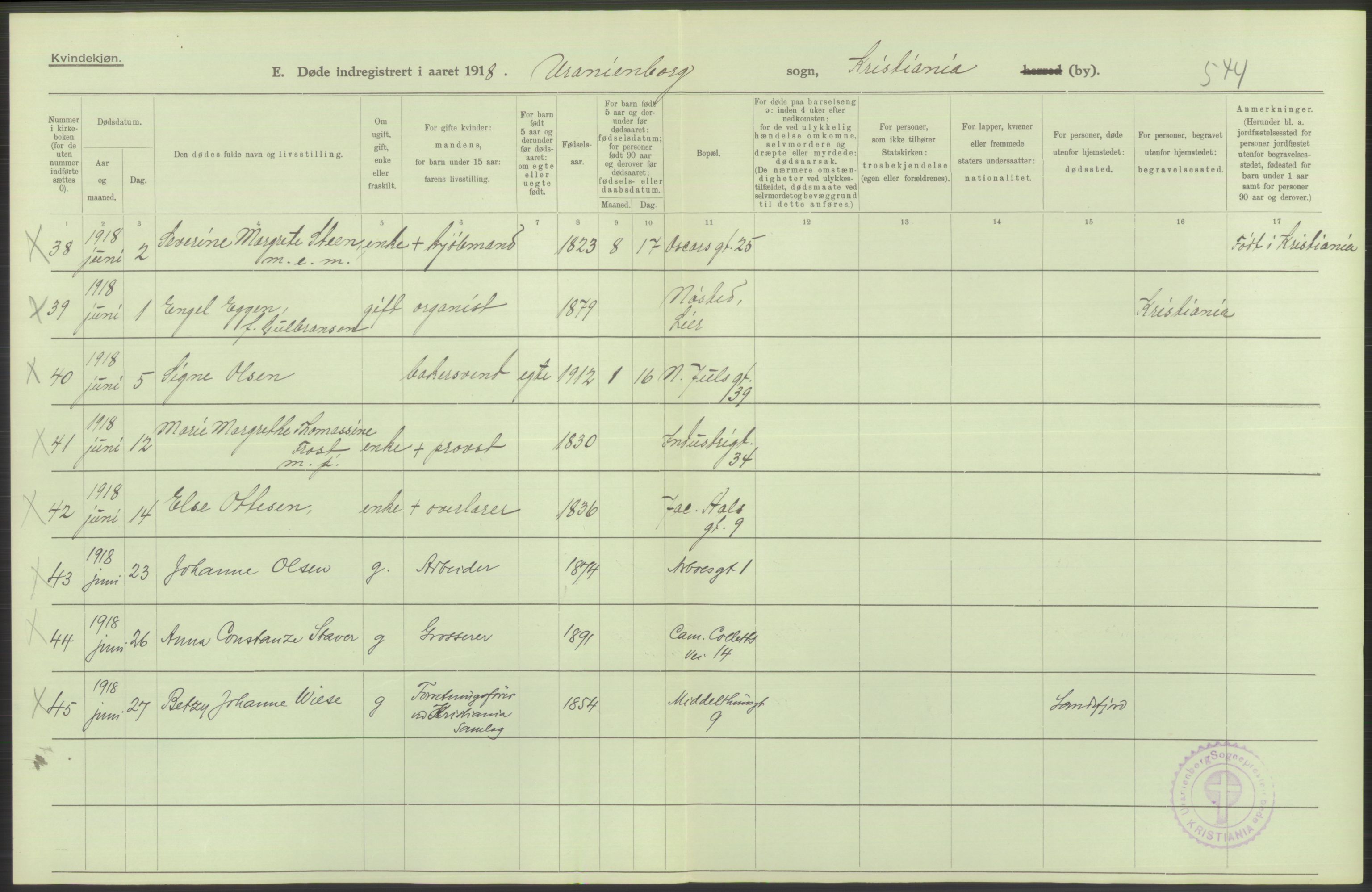 Statistisk sentralbyrå, Sosiodemografiske emner, Befolkning, AV/RA-S-2228/D/Df/Dfb/Dfbh/L0010: Kristiania: Døde, 1918, p. 222