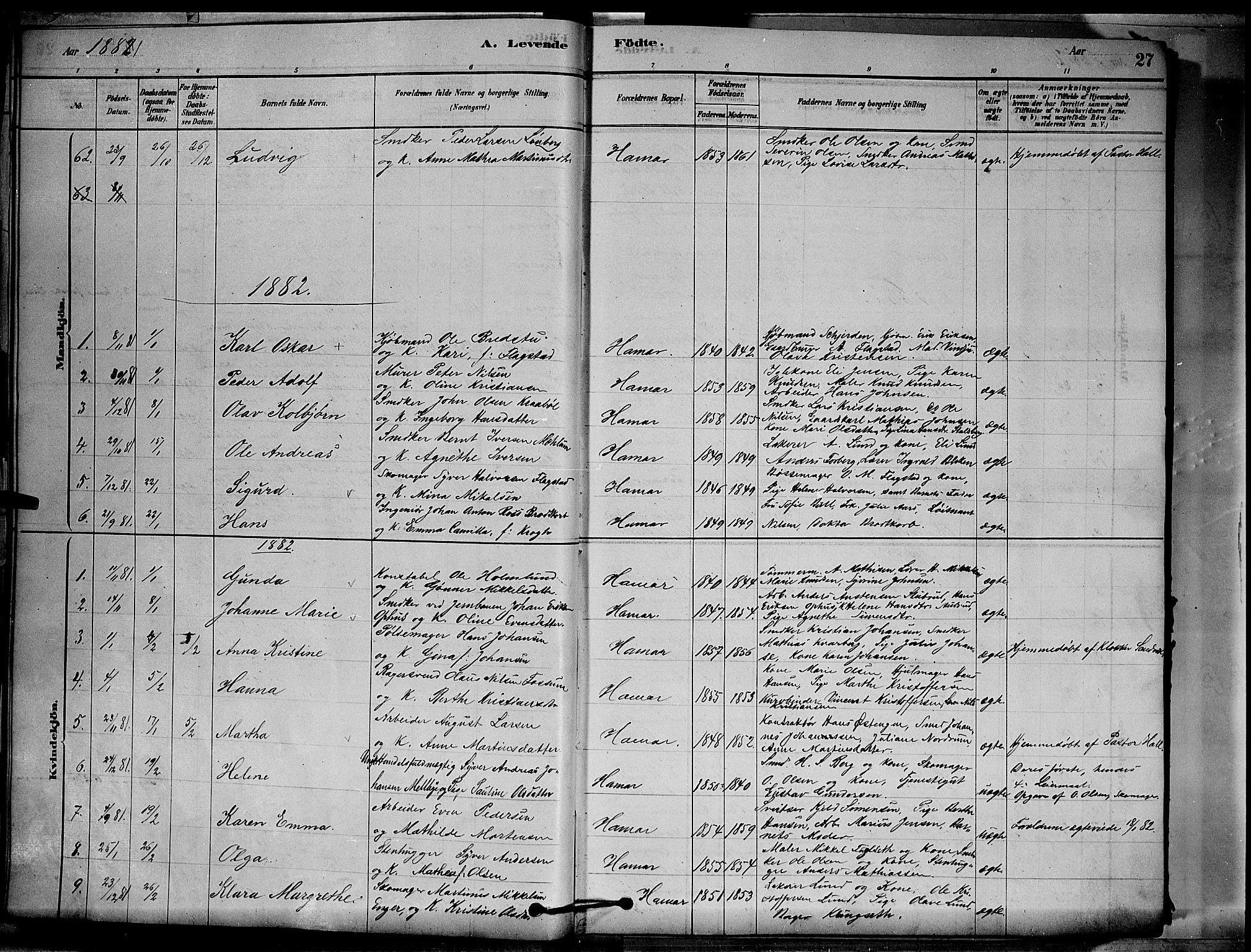 Vang prestekontor, Hedmark, SAH/PREST-008/H/Ha/Hab/L0012: Parish register (copy) no. 12, 1878-1889, p. 27
