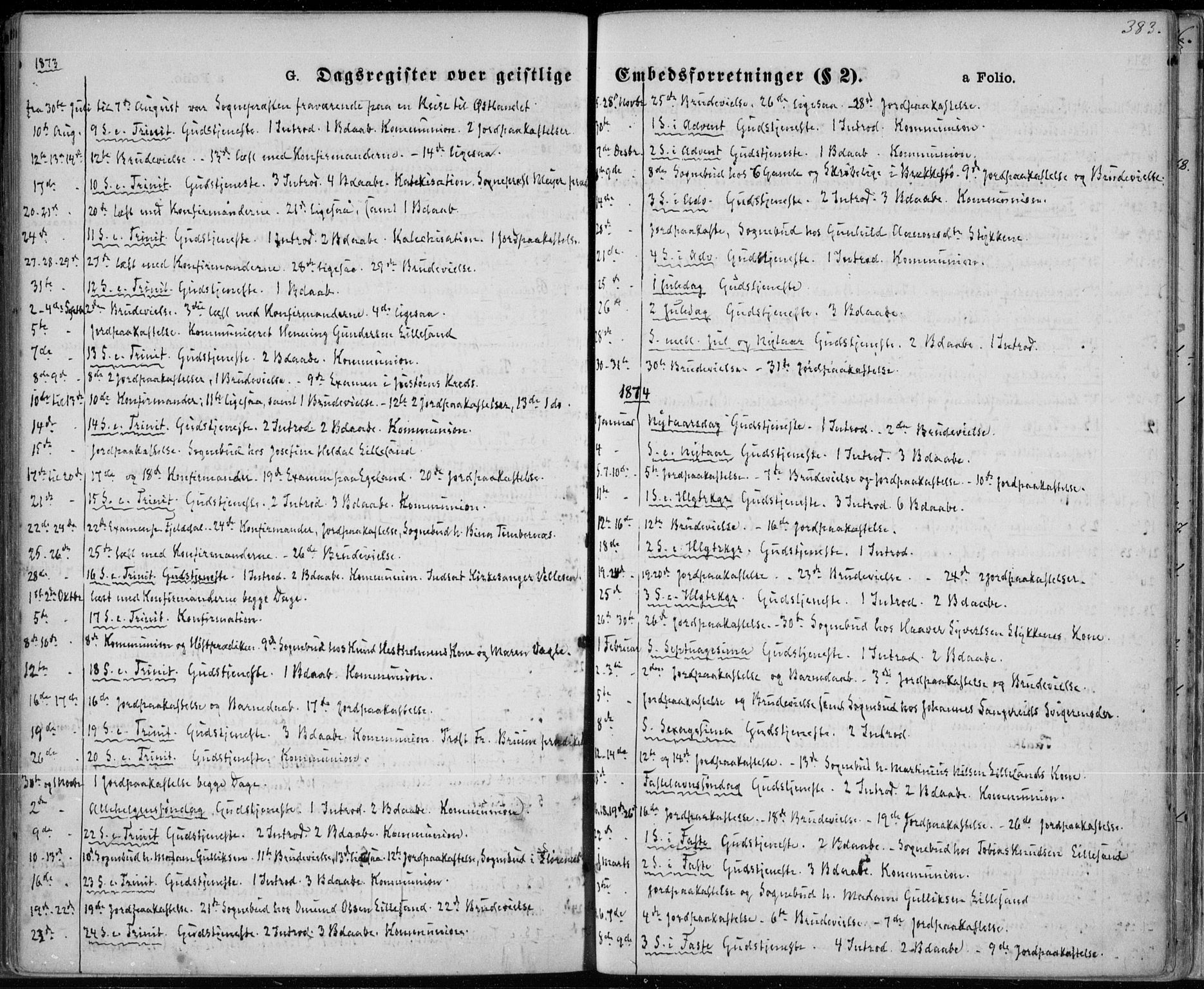 Vestre Moland sokneprestkontor, SAK/1111-0046/F/Fa/Fab/L0008: Parish register (official) no. A 8, 1873-1883, p. 383