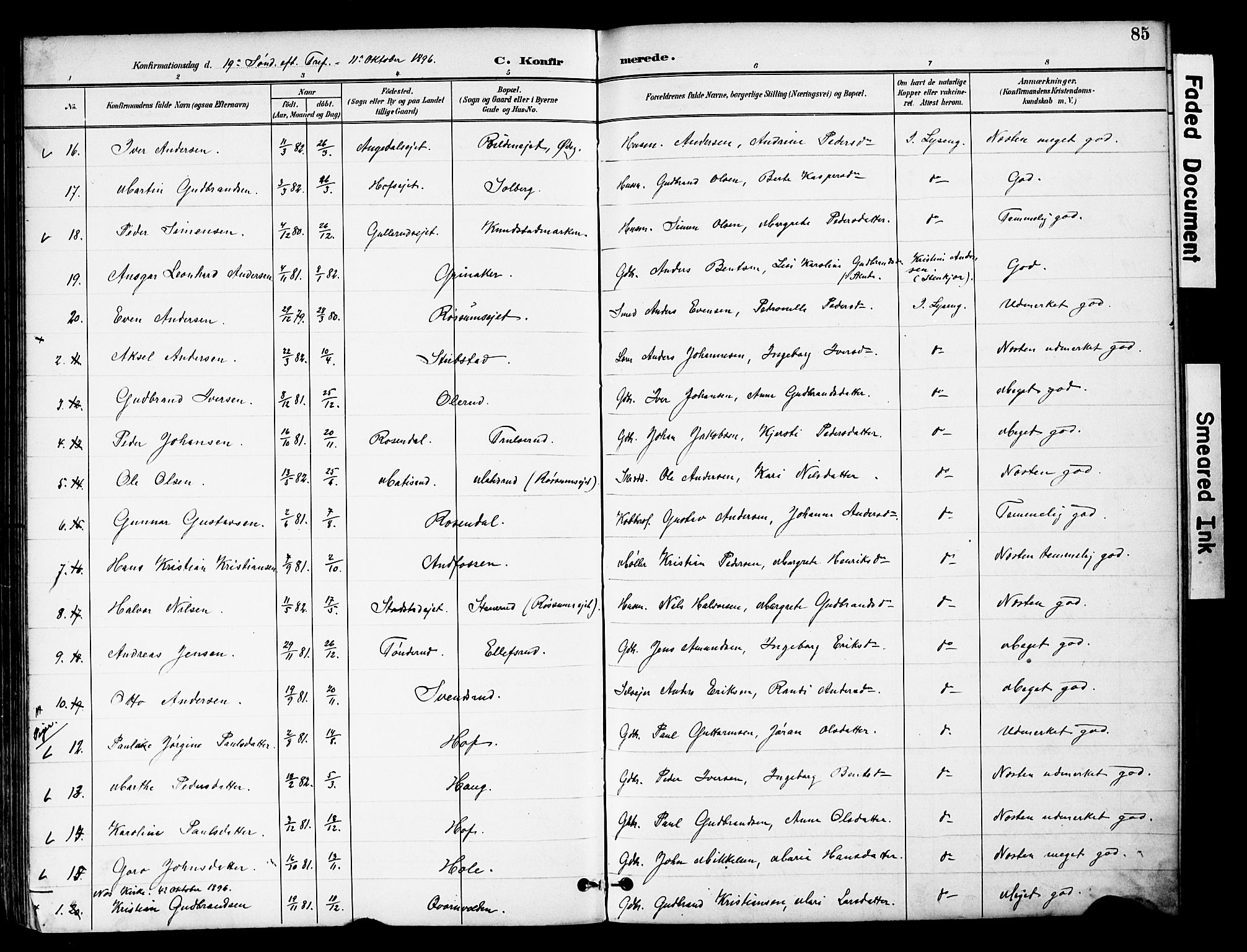 Brandbu prestekontor, SAH/PREST-114/H/Ha/Hab/L0006: Parish register (copy) no. 6, 1893-1902, p. 85