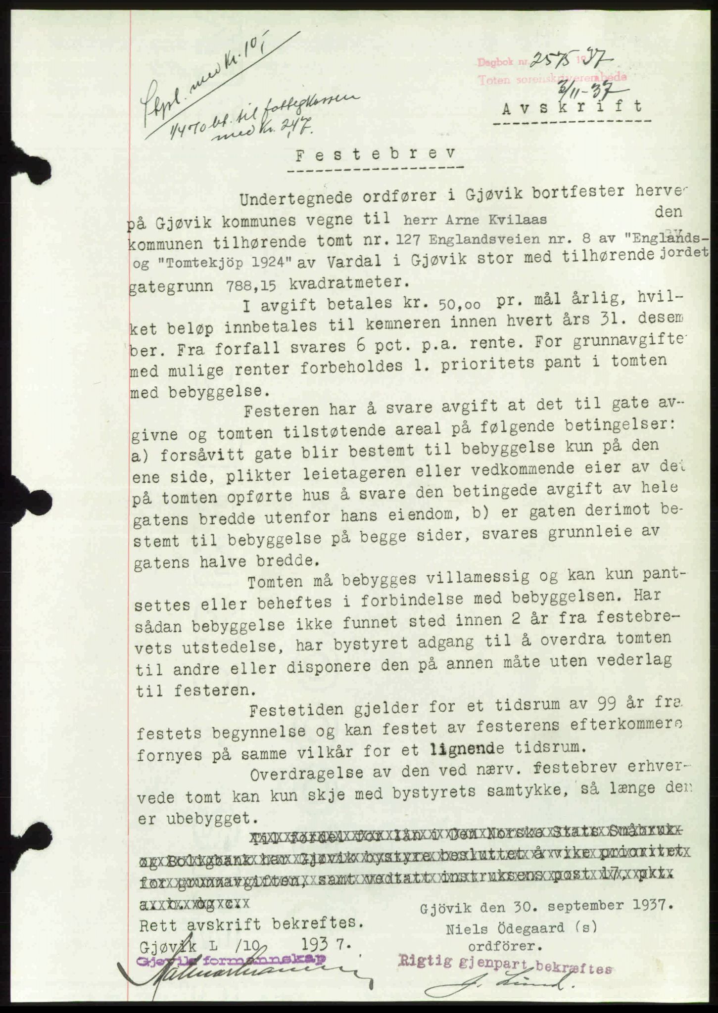 Toten tingrett, SAH/TING-006/H/Hb/Hbc/L0003: Mortgage book no. Hbc-03, 1937-1938, Diary no: : 2575/1937