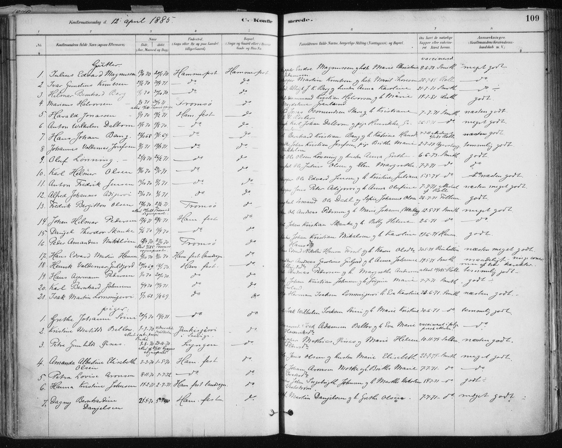 Hammerfest sokneprestkontor, SATØ/S-1347/H/Ha/L0008.kirke: Parish register (official) no. 8, 1878-1889, p. 109