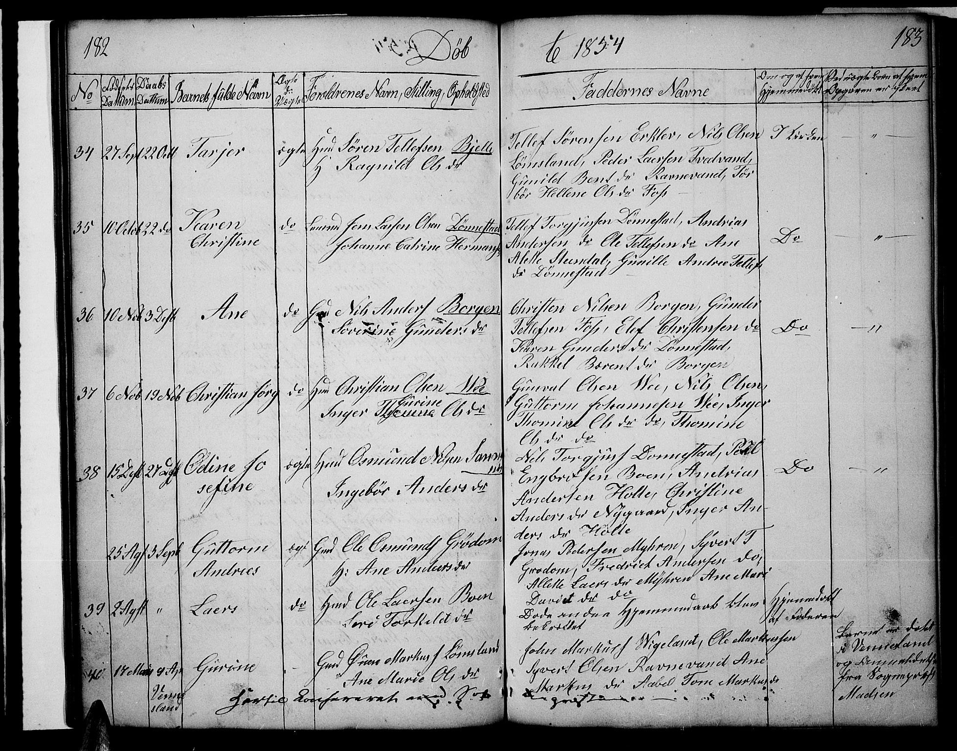 Tveit sokneprestkontor, AV/SAK-1111-0043/F/Fb/L0002: Parish register (copy) no. B 2, 1835-1854, p. 182-183