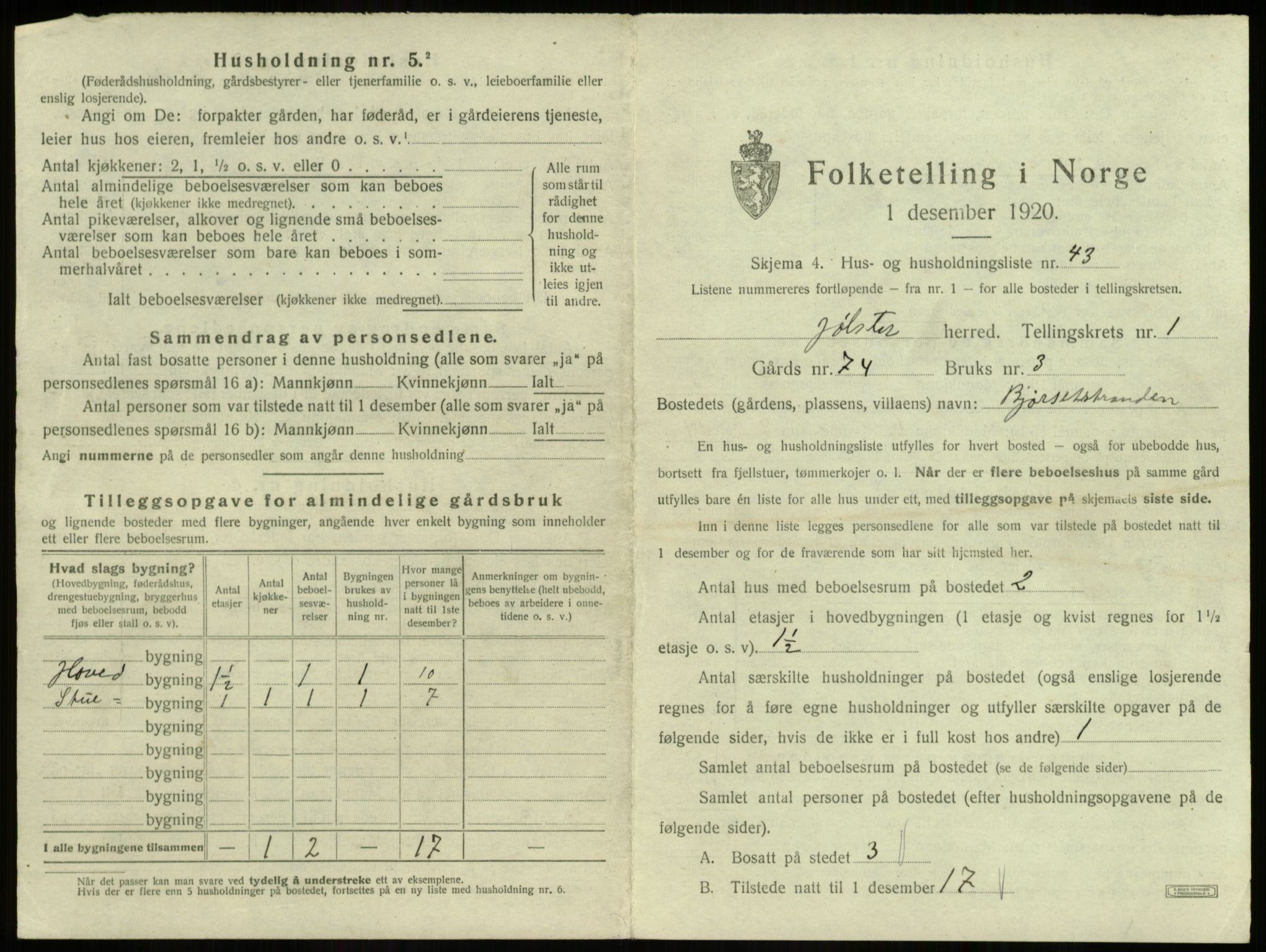 SAB, 1920 census for Jølster, 1920, p. 141