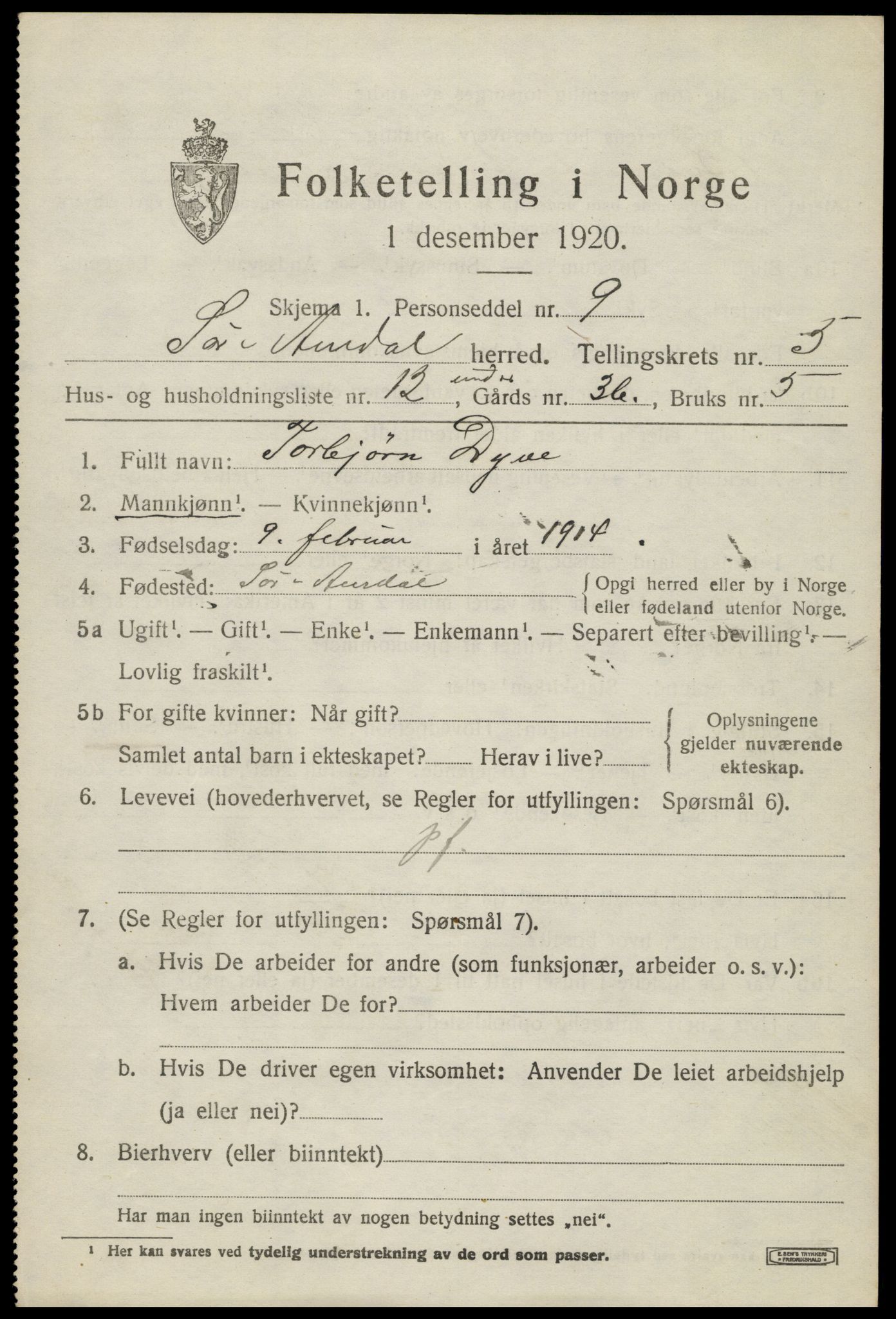 SAH, 1920 census for Sør-Aurdal, 1920, p. 2887