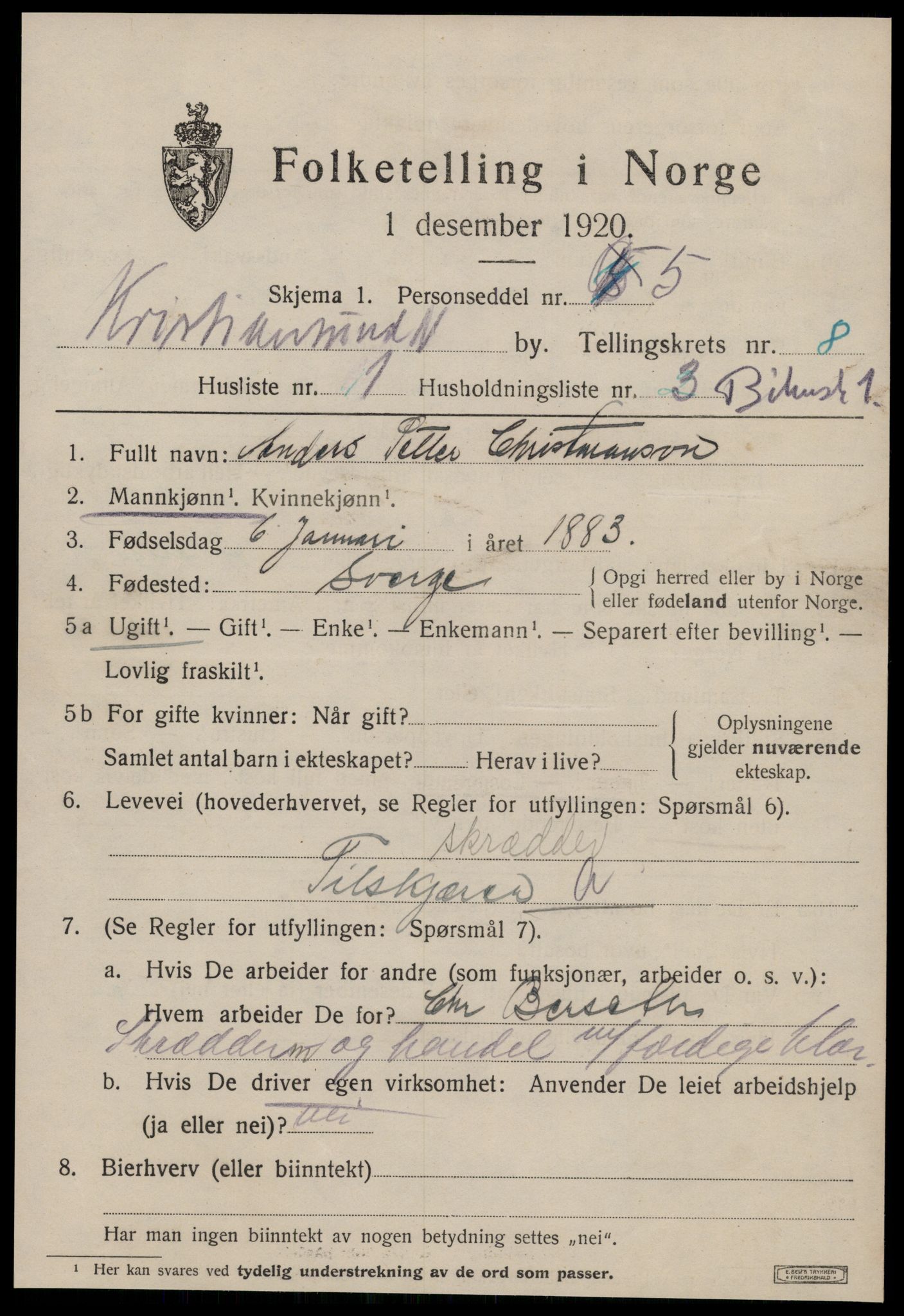 SAT, 1920 census for Kristiansund, 1920, p. 19849