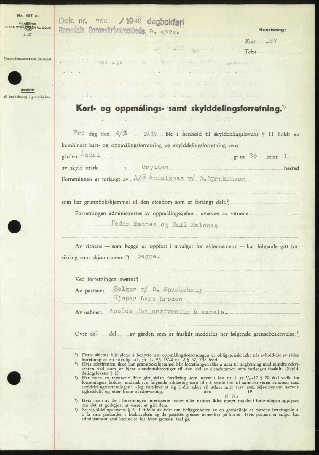 Romsdal sorenskriveri, AV/SAT-A-4149/1/2/2C: Mortgage book no. A29, 1949-1949, Diary no: : 702/1949