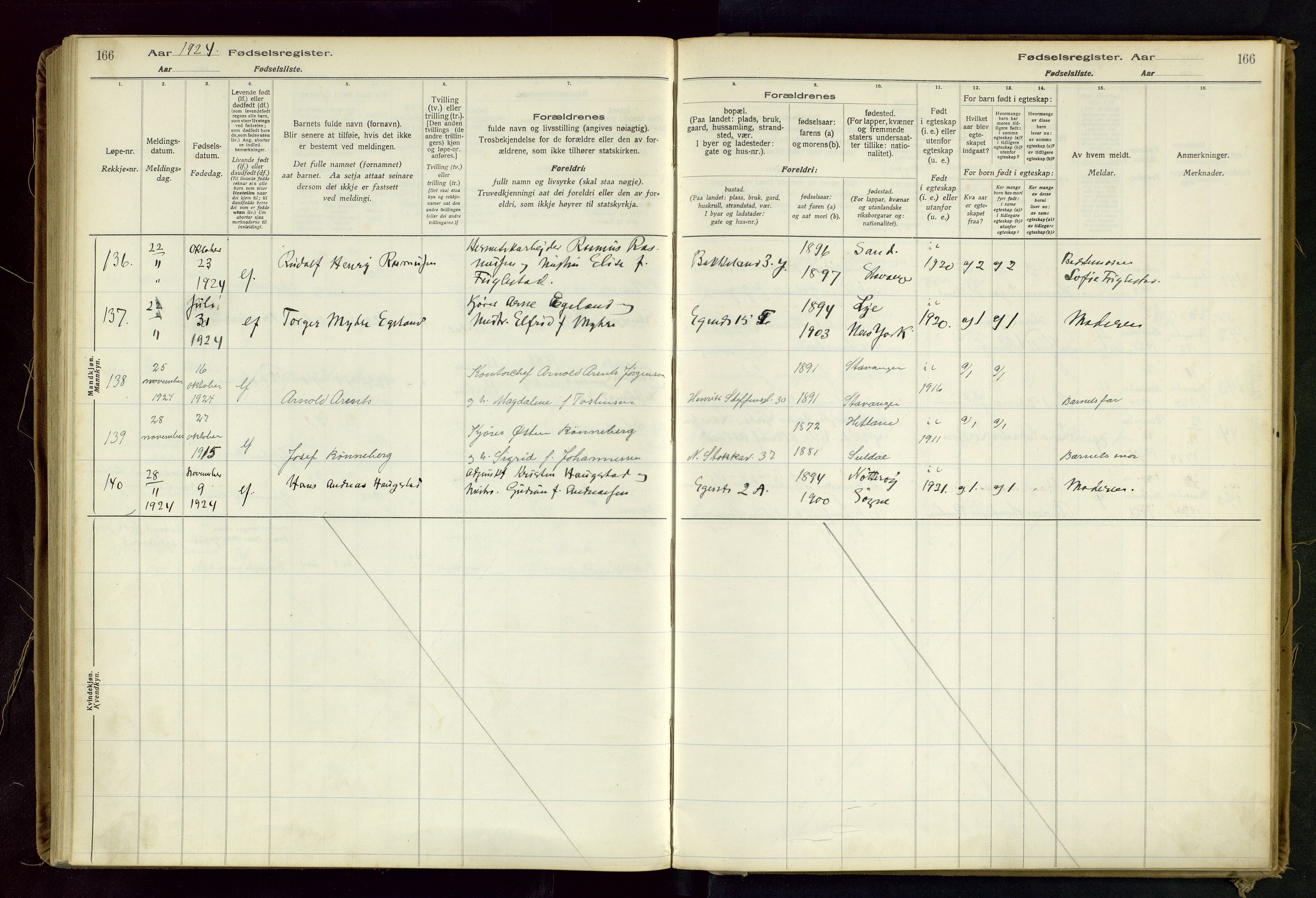 Domkirken sokneprestkontor, SAST/A-101812/002/B/L0002: Birth register no. 2, 1920-1925, p. 166