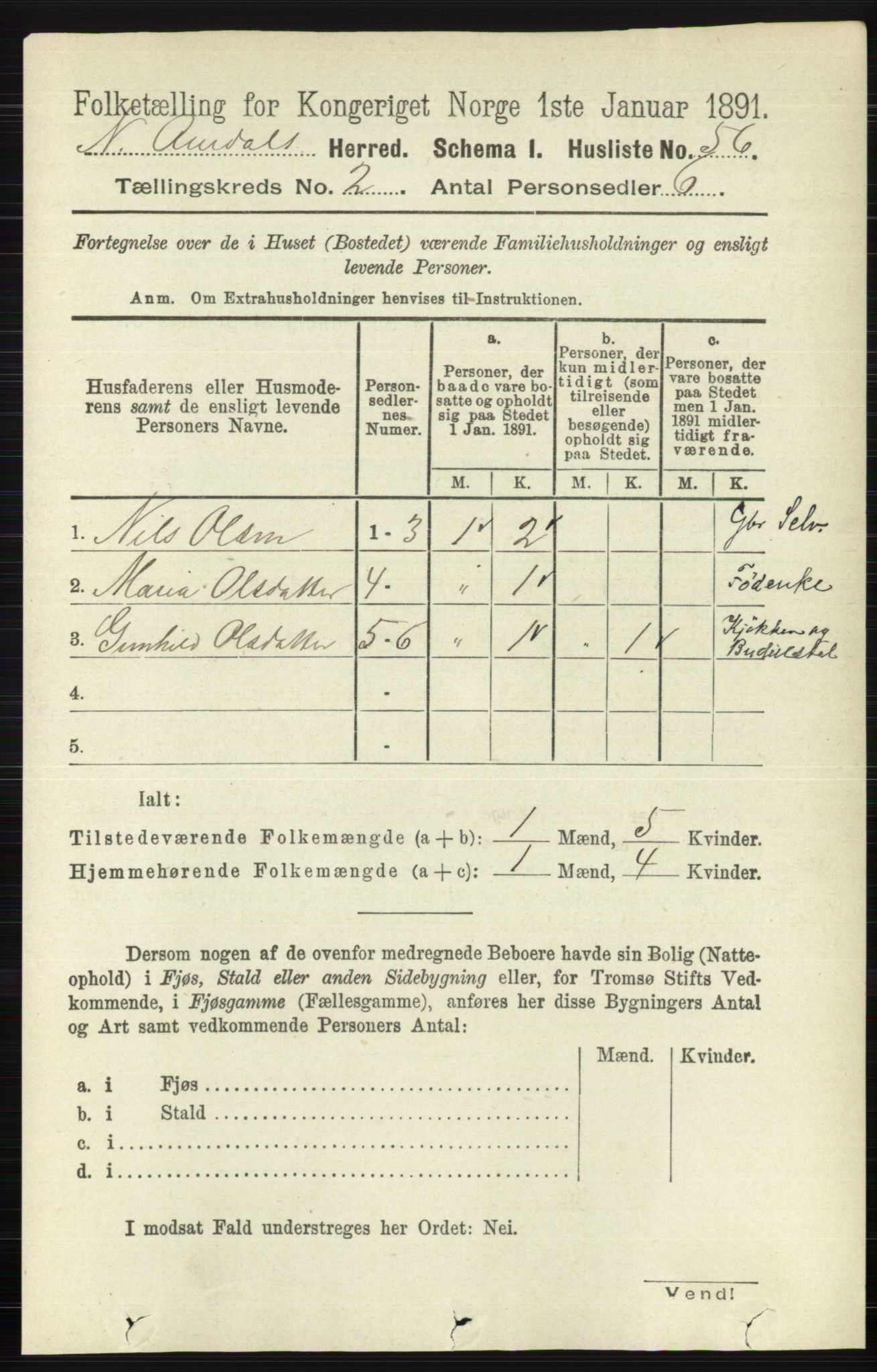 RA, 1891 census for 0542 Nord-Aurdal, 1891, p. 587