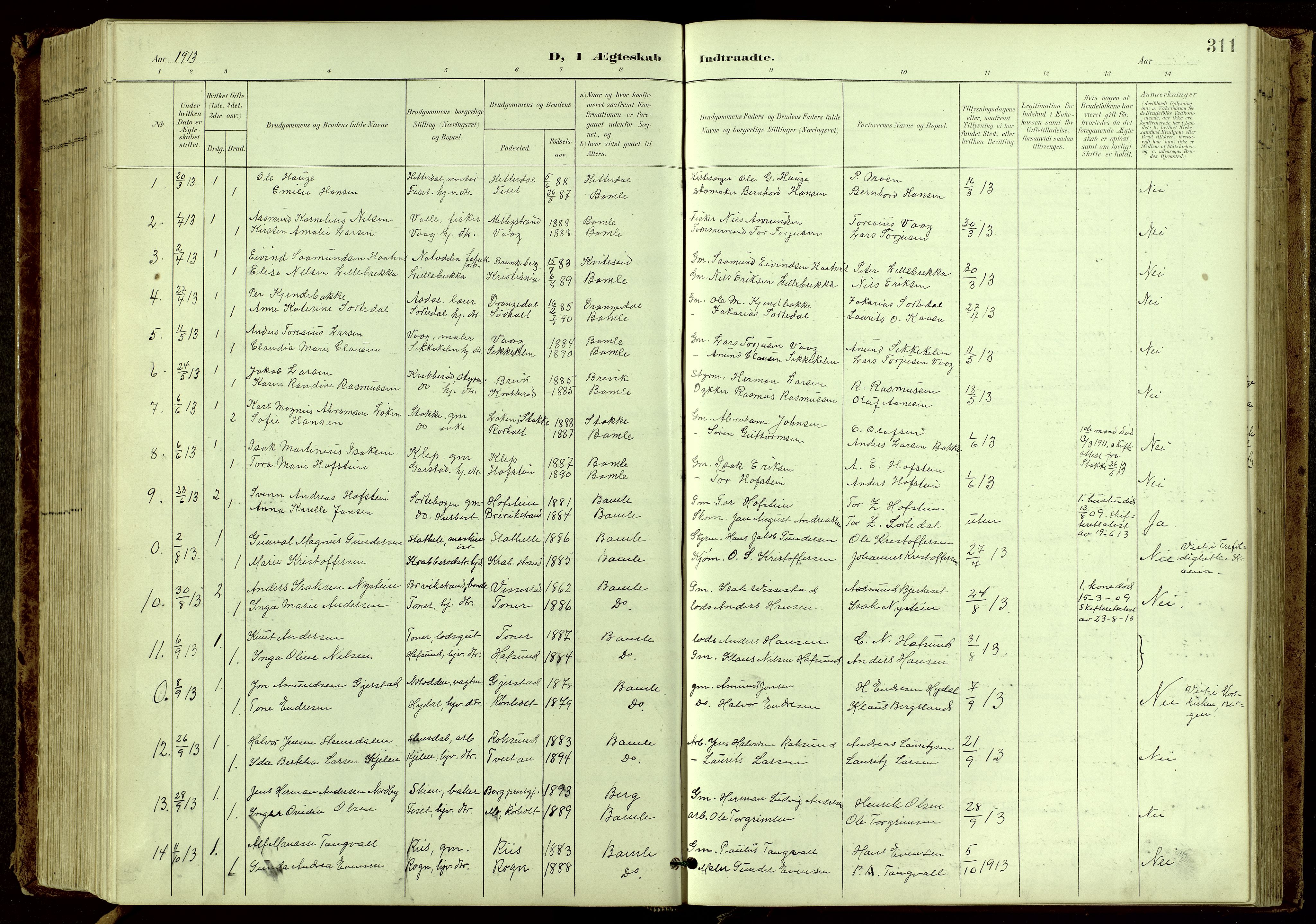 Bamble kirkebøker, SAKO/A-253/G/Ga/L0010: Parish register (copy) no. I 10, 1901-1919, p. 311