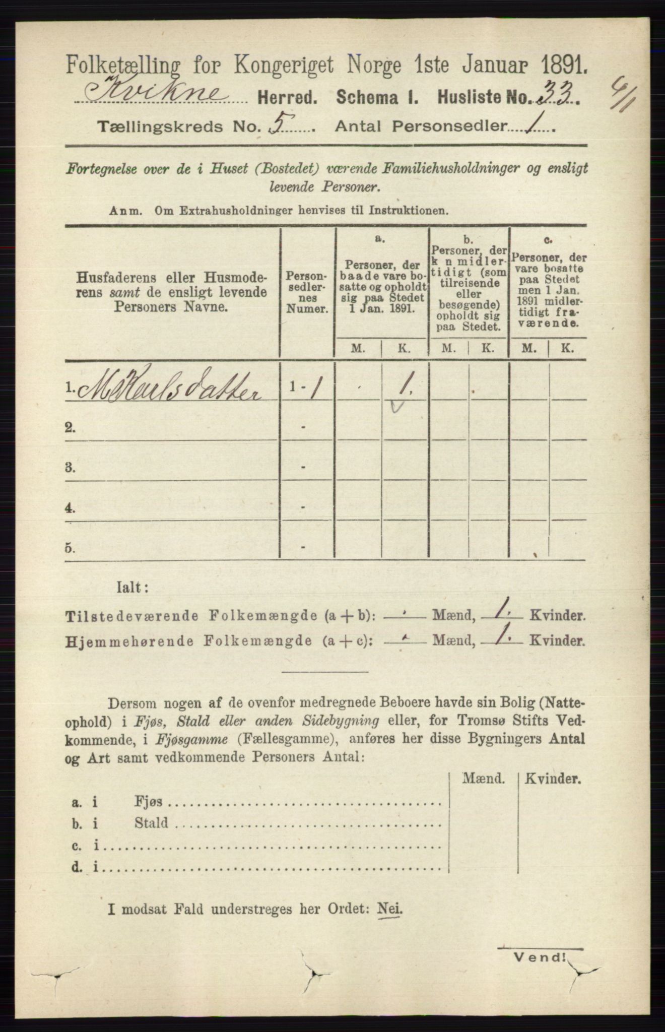 RA, 1891 census for 0440 Kvikne, 1891, p. 1326