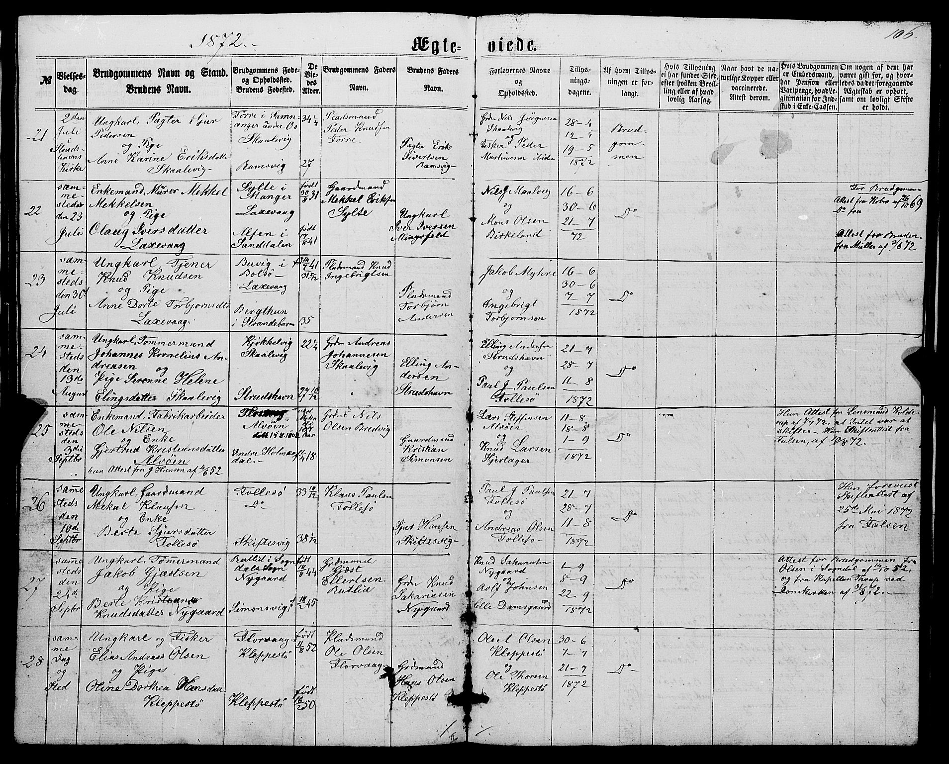 Askøy Sokneprestembete, AV/SAB-A-74101/H/Ha/Hab/Haba/L0006: Parish register (copy) no. A 6, 1861-1881, p. 106