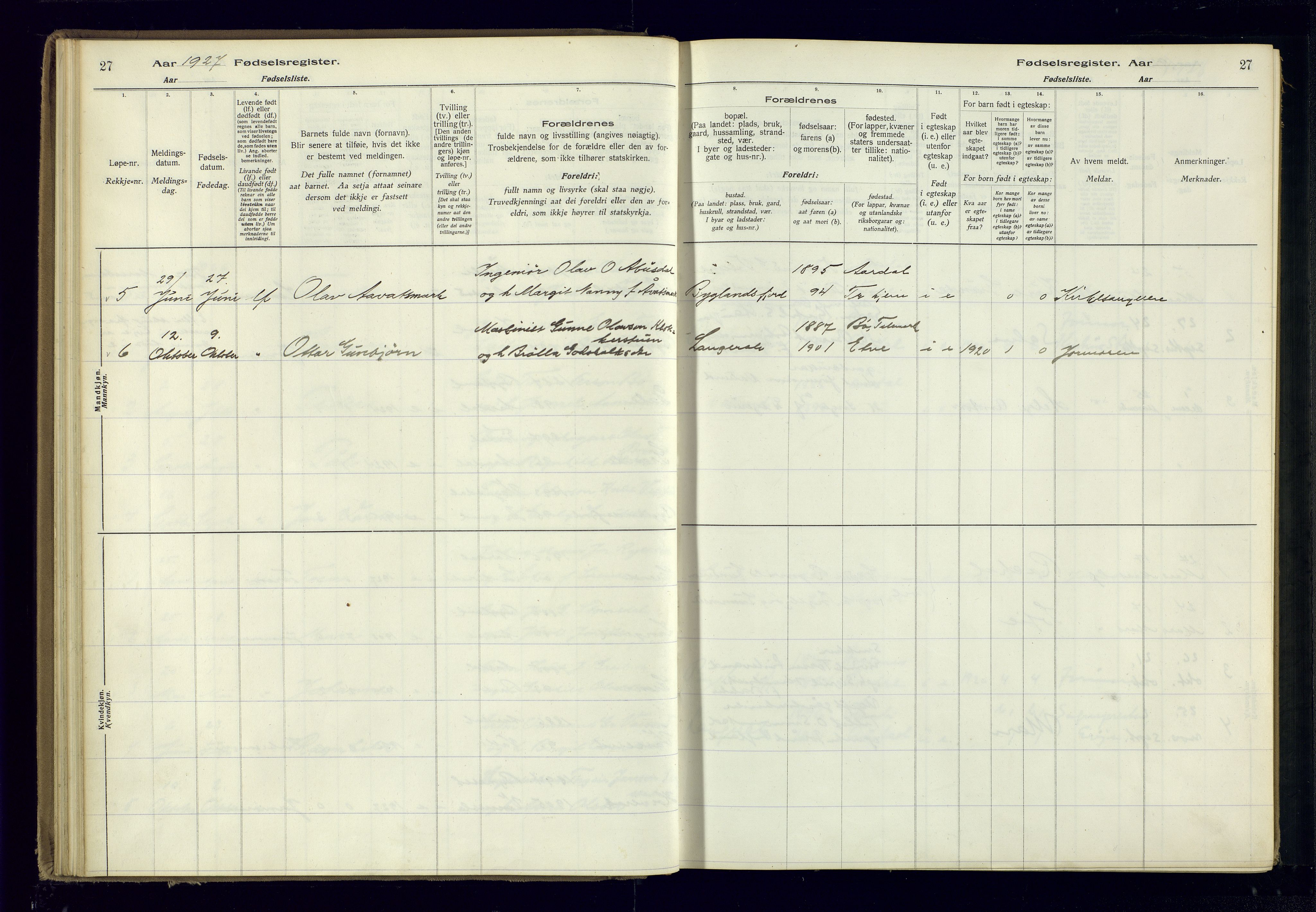 Bygland sokneprestkontor, AV/SAK-1111-0006/J/Ja/L0004: Birth register no. II.4.5, 1916-1983, p. 27