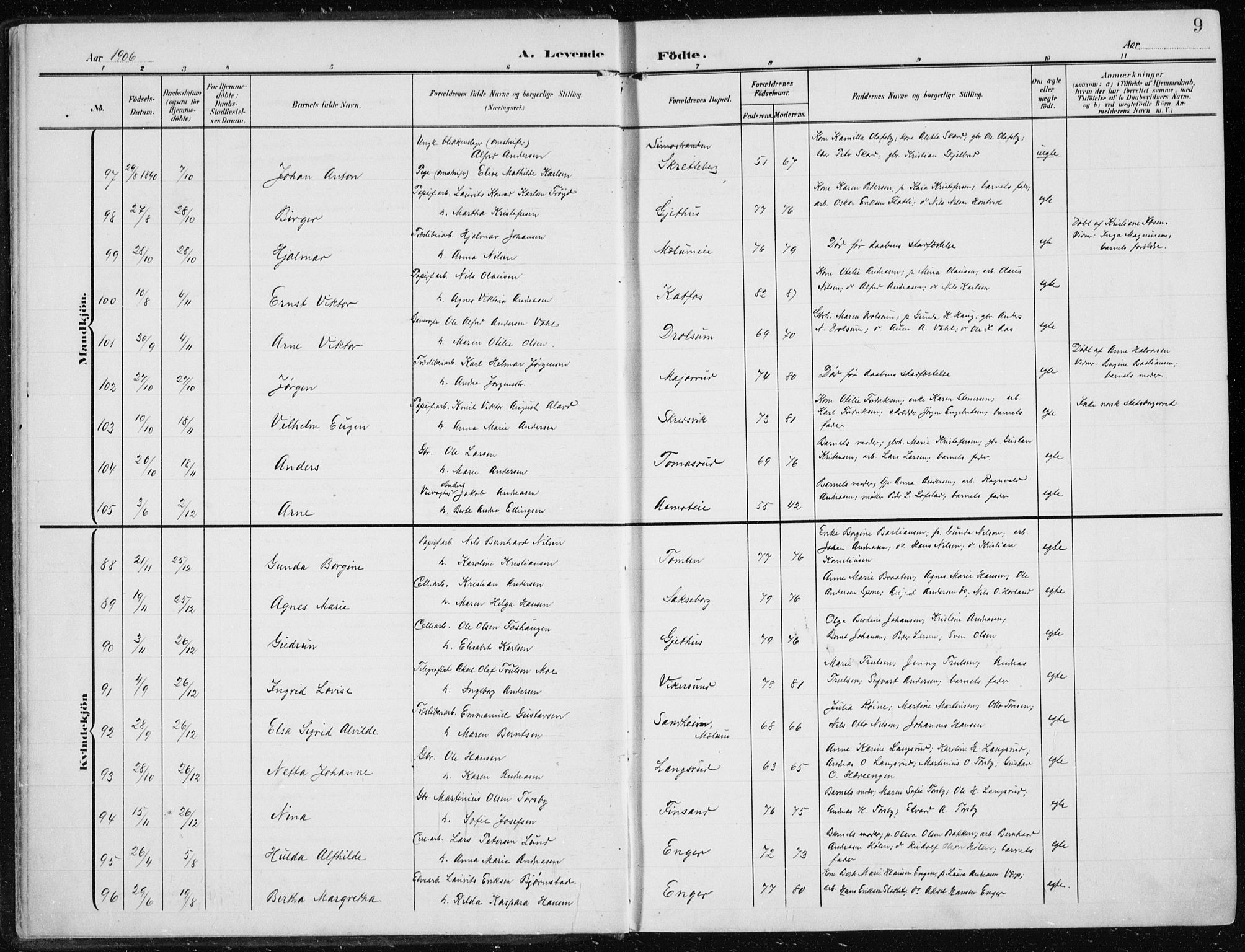 Modum kirkebøker, SAKO/A-234/F/Fa/L0014a: Parish register (official) no. 14A, 1906-1918, p. 9