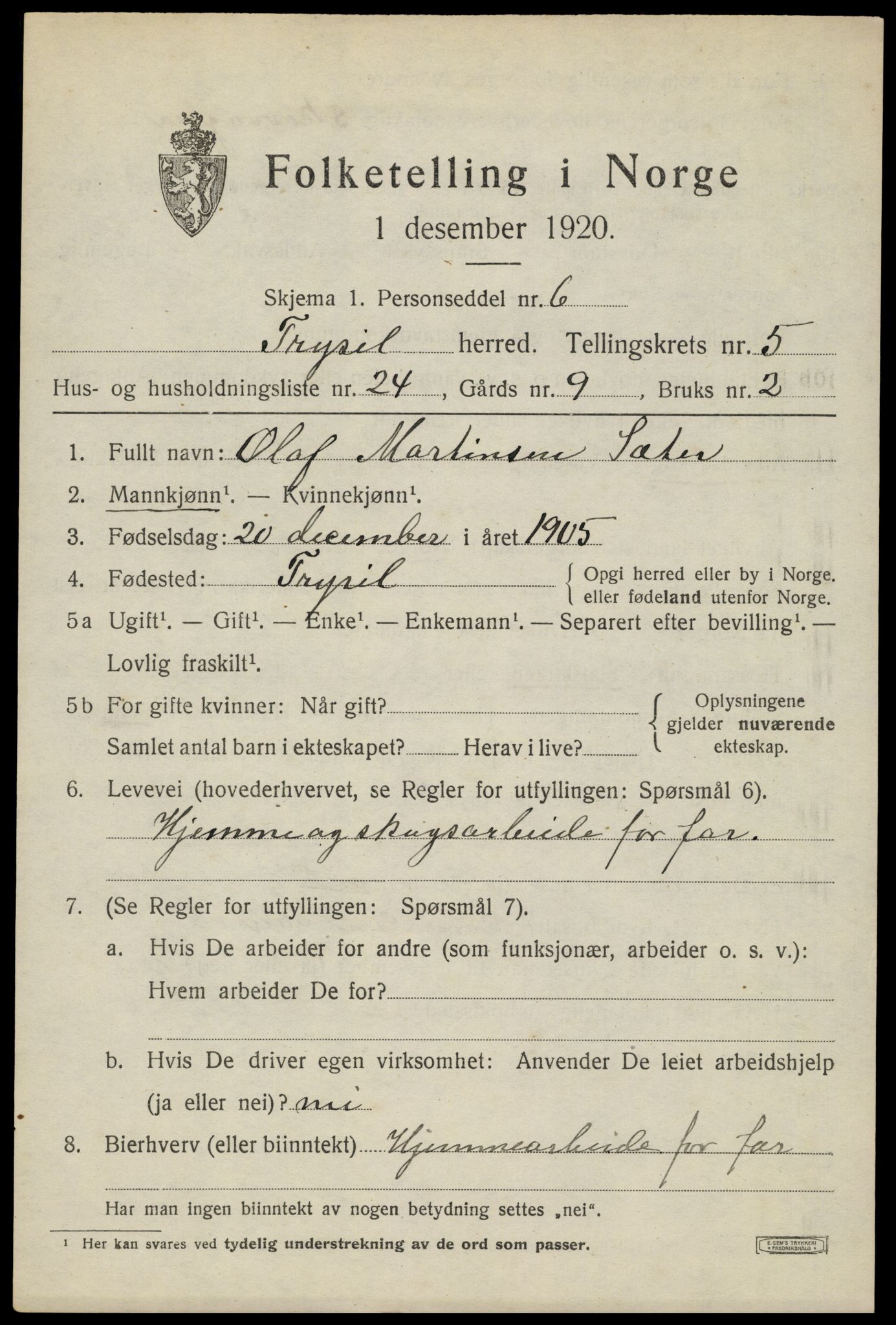 SAH, 1920 census for Trysil, 1920, p. 4527