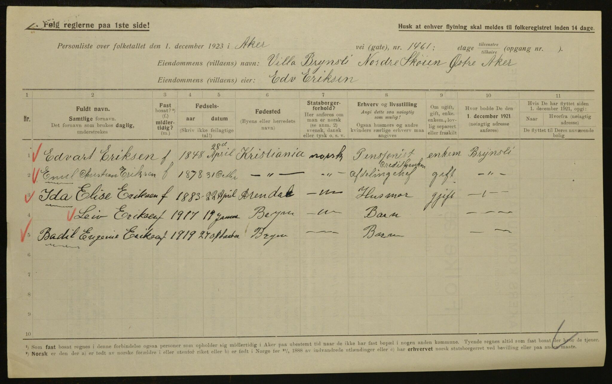 , Municipal Census 1923 for Aker, 1923, p. 30914