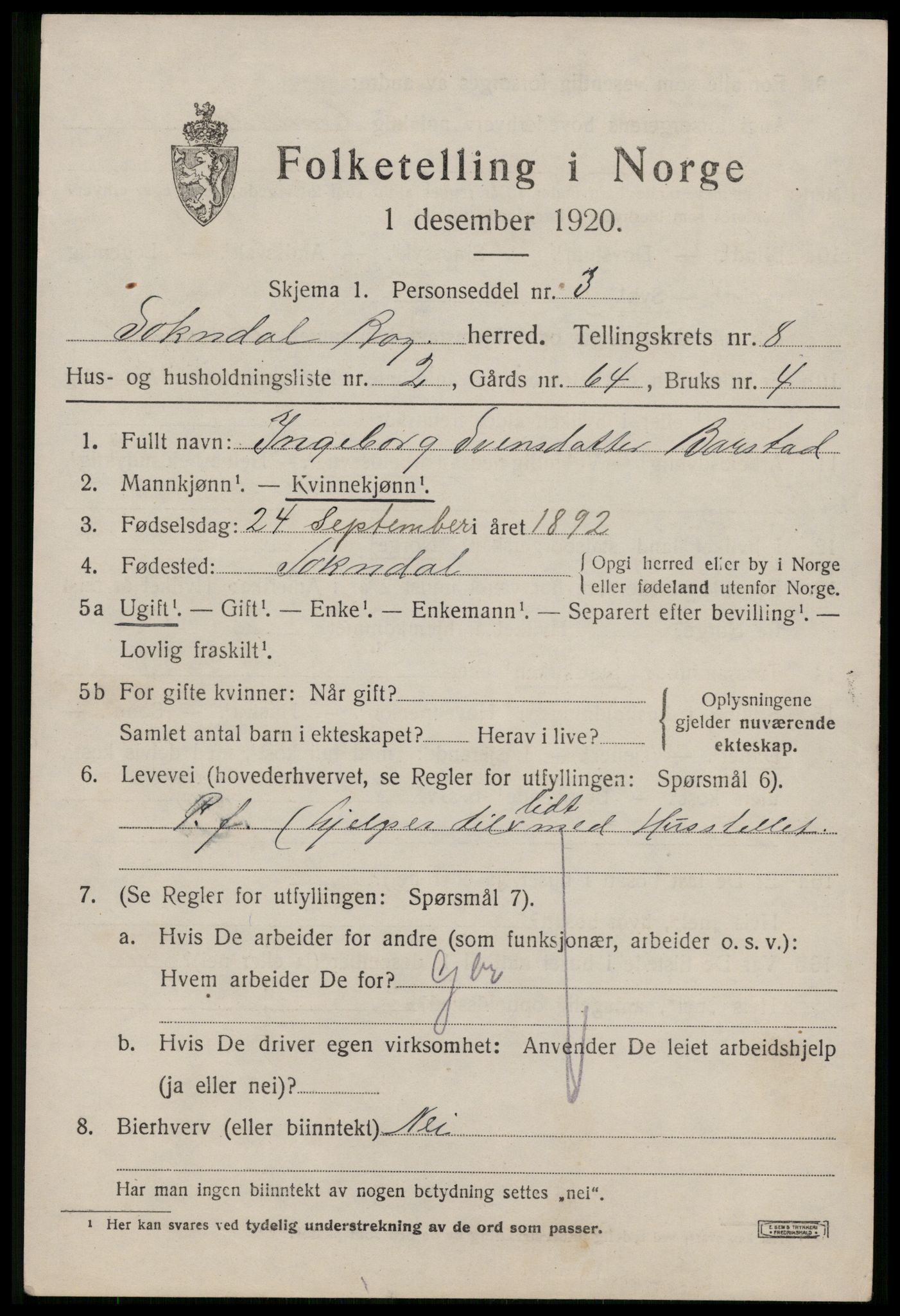 SAST, 1920 census for Sokndal, 1920, p. 4823