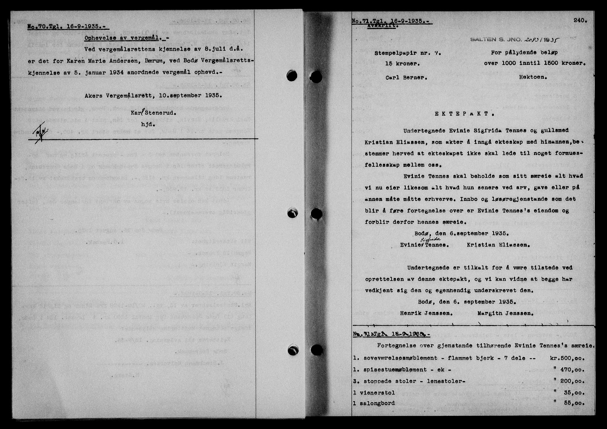 Salten sorenskriveri, SAT/A-4578/1/2/2C/L0067: Mortgage book no. 57, 1935-1935, Deed date: 16.09.1935