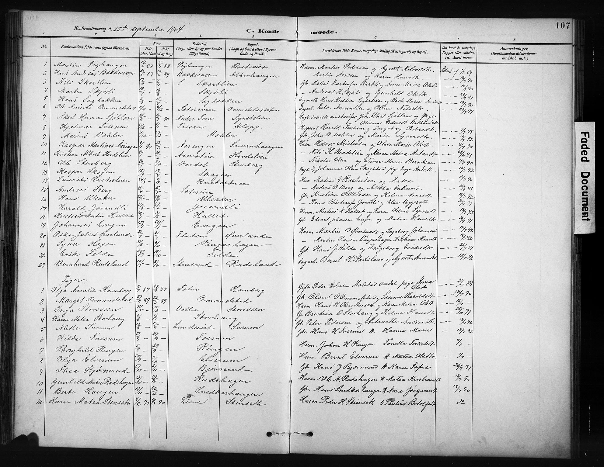 Nordre Land prestekontor, SAH/PREST-124/H/Ha/Hab/L0012: Parish register (copy) no. 12, 1891-1909, p. 107