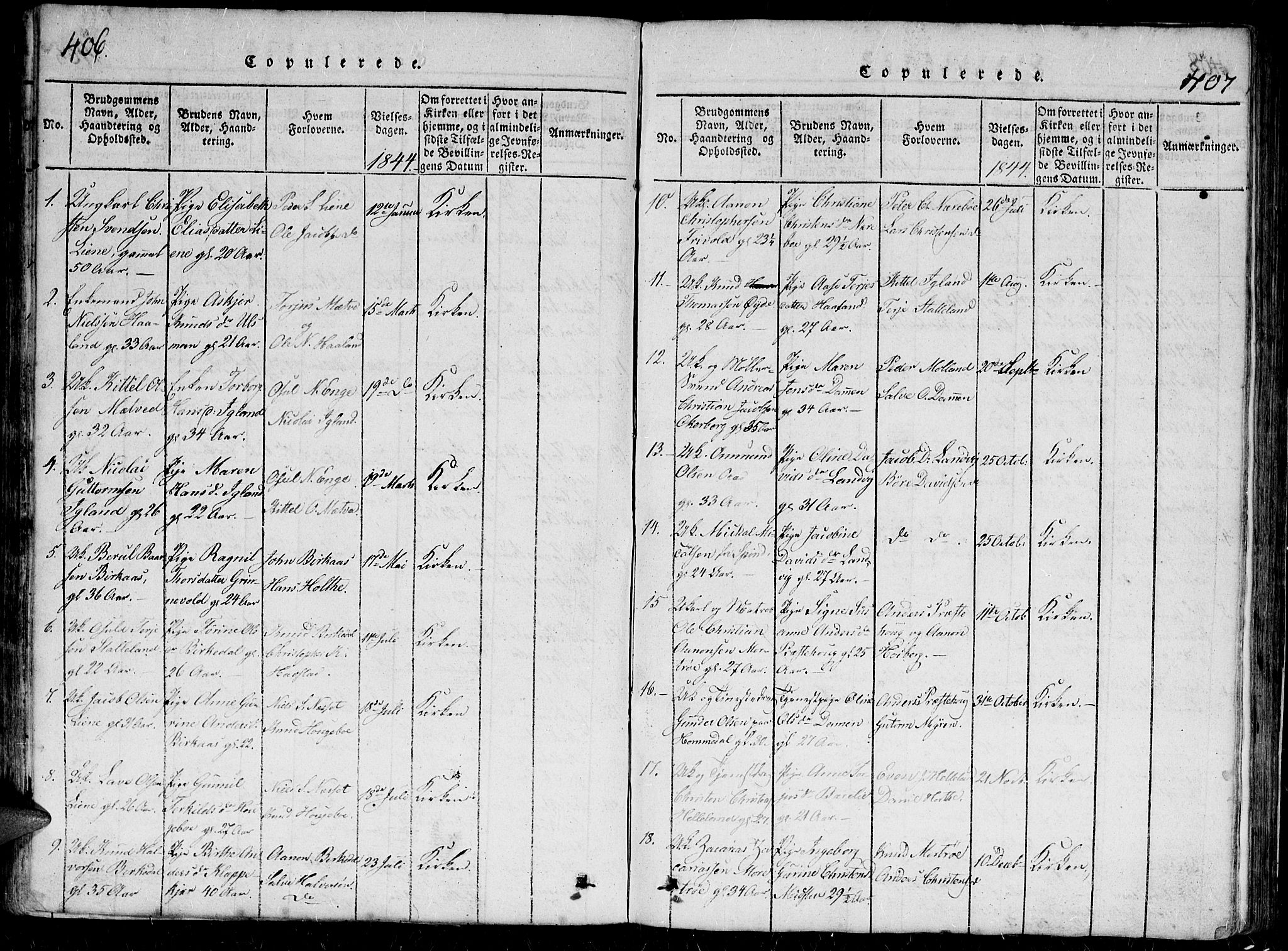 Hommedal sokneprestkontor, AV/SAK-1111-0023/F/Fb/Fbb/L0003: Parish register (copy) no. B 3 /1, 1816-1850, p. 406-407