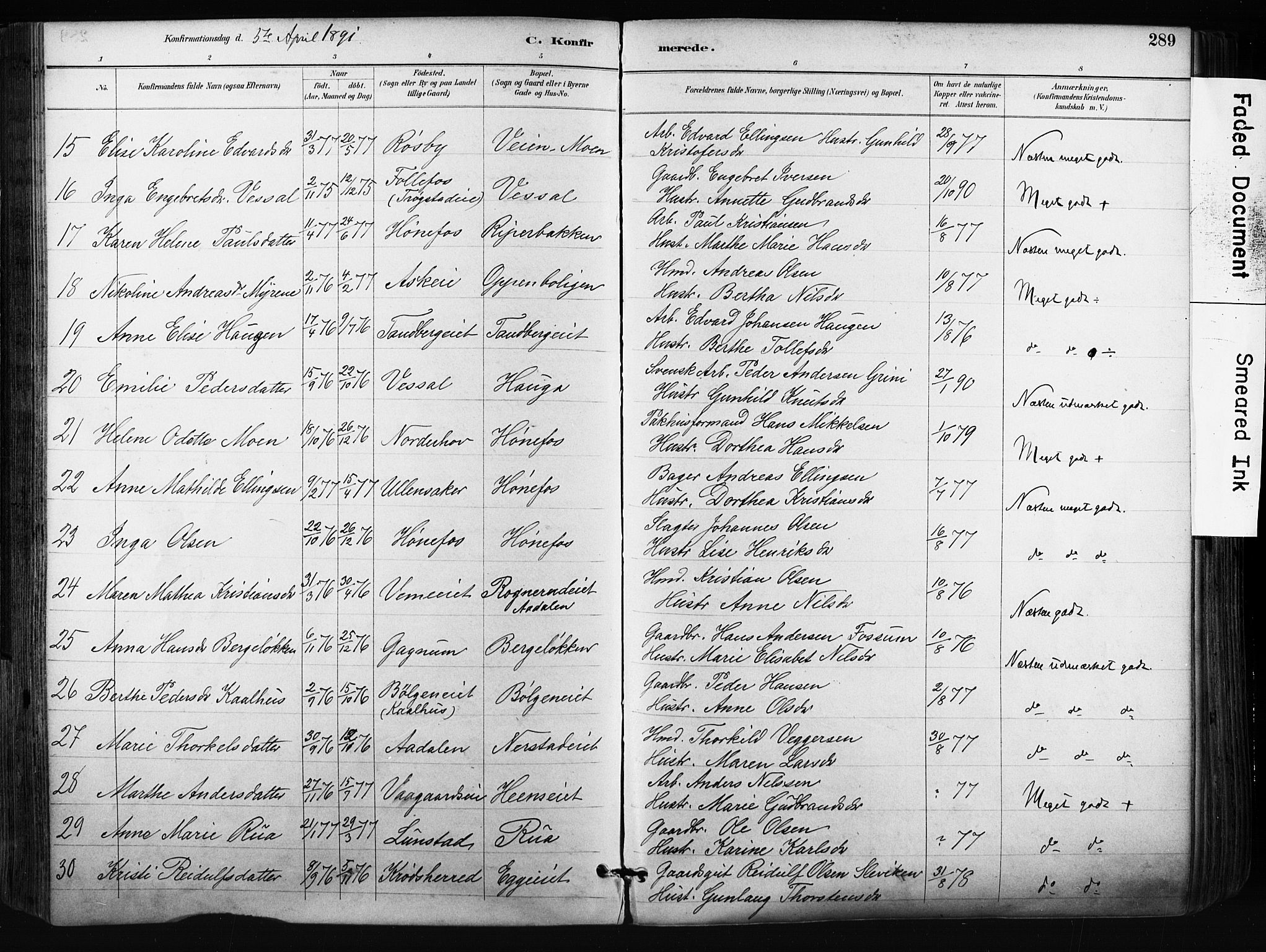 Norderhov kirkebøker, AV/SAKO-A-237/F/Fa/L0016: Parish register (official) no. 16, 1885-1902, p. 289