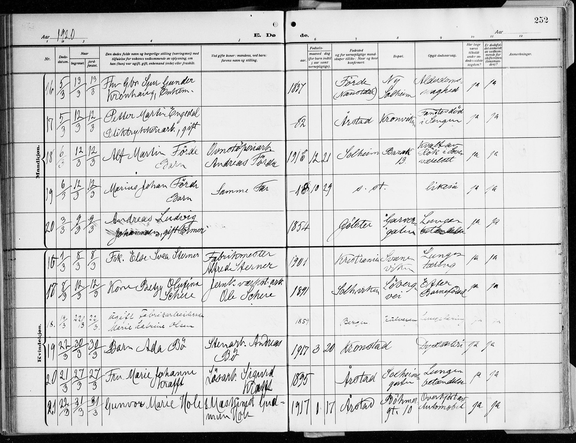 Årstad Sokneprestembete, AV/SAB-A-79301/H/Haa/L0003: Parish register (official) no. A 3, 1914-1919, p. 252