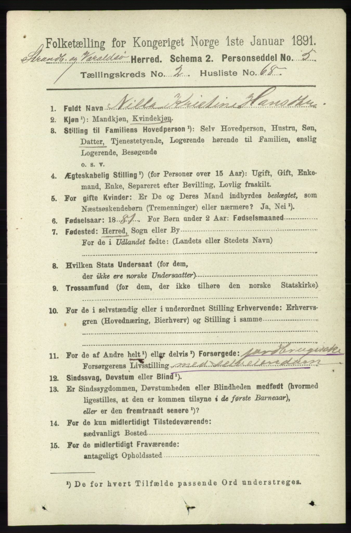 RA, 1891 census for 1226 Strandebarm og Varaldsøy, 1891, p. 1032