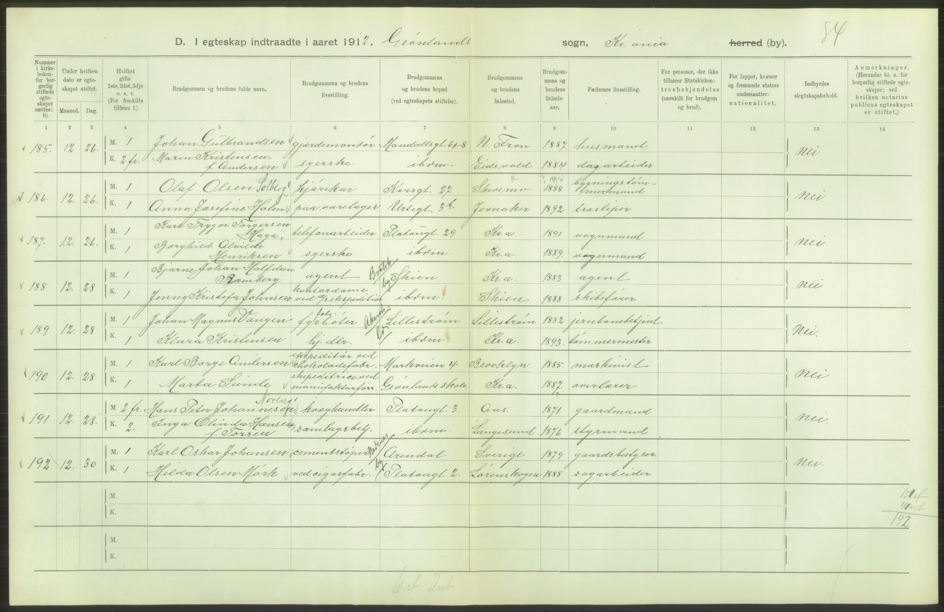 Statistisk sentralbyrå, Sosiodemografiske emner, Befolkning, AV/RA-S-2228/D/Df/Dfb/Dfbb/L0008: Kristiania: Gifte, 1912, p. 192